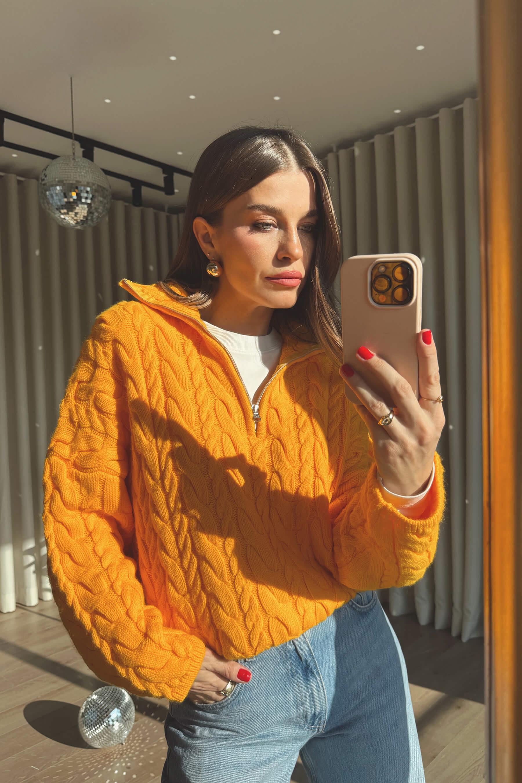 Orange Fermuarlı Saç Örgü Kazak