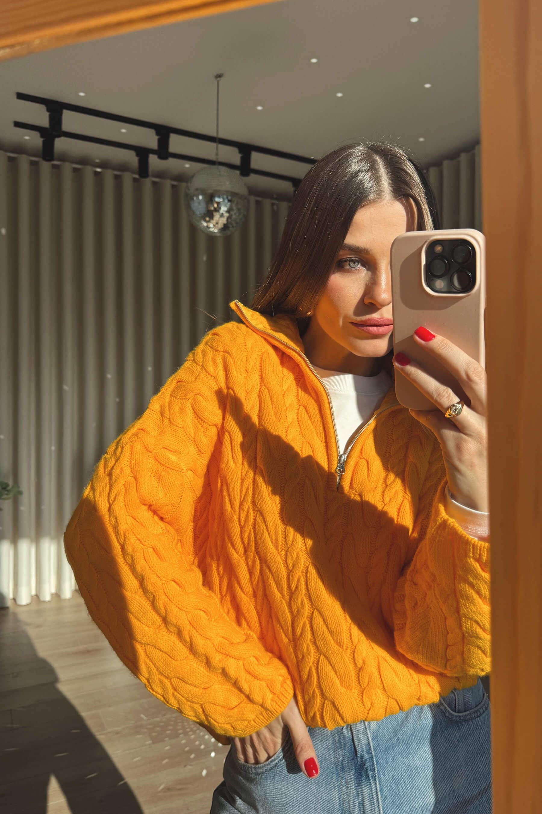 Orange Fermuarlı Saç Örgü Kazak