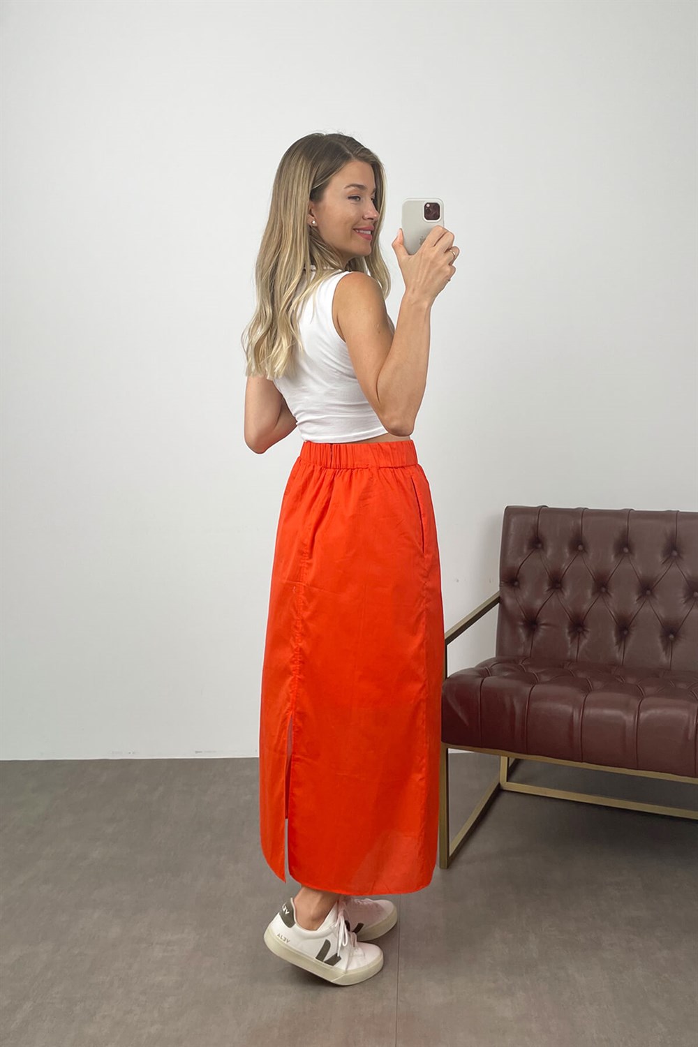 Oranj Astarlı Poplin Etek