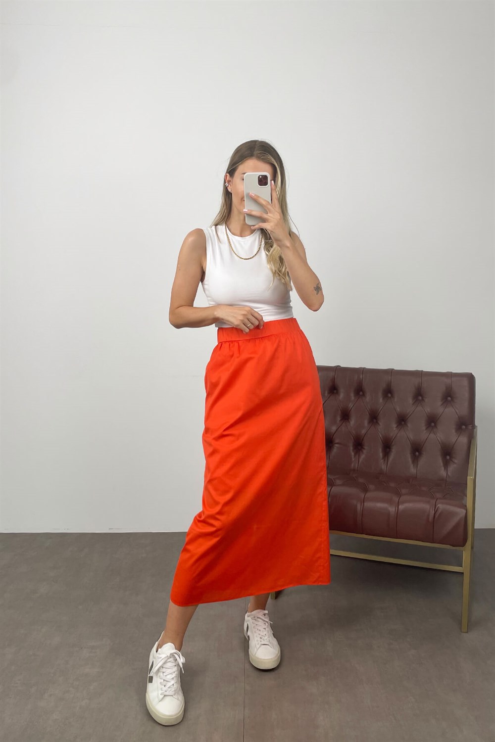 Oranj Astarlı Poplin Etek