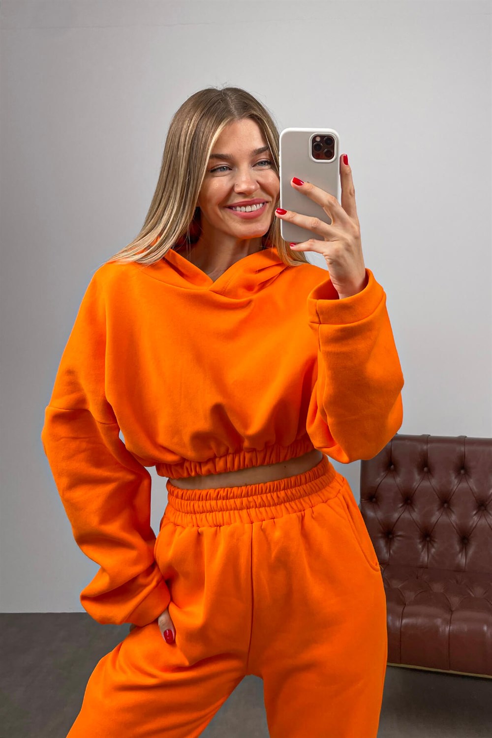 Oranj Beli Lastikli Crop Eşofman Takımı