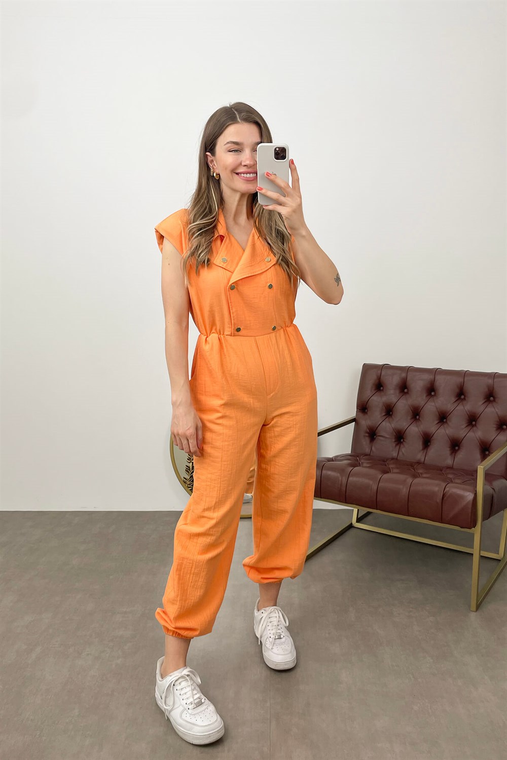 Oranj Düşük Kol Gold Düğmeli Tulum