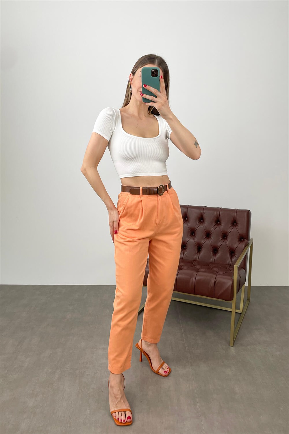 Oranj Kemerli Gabardin Pantolon