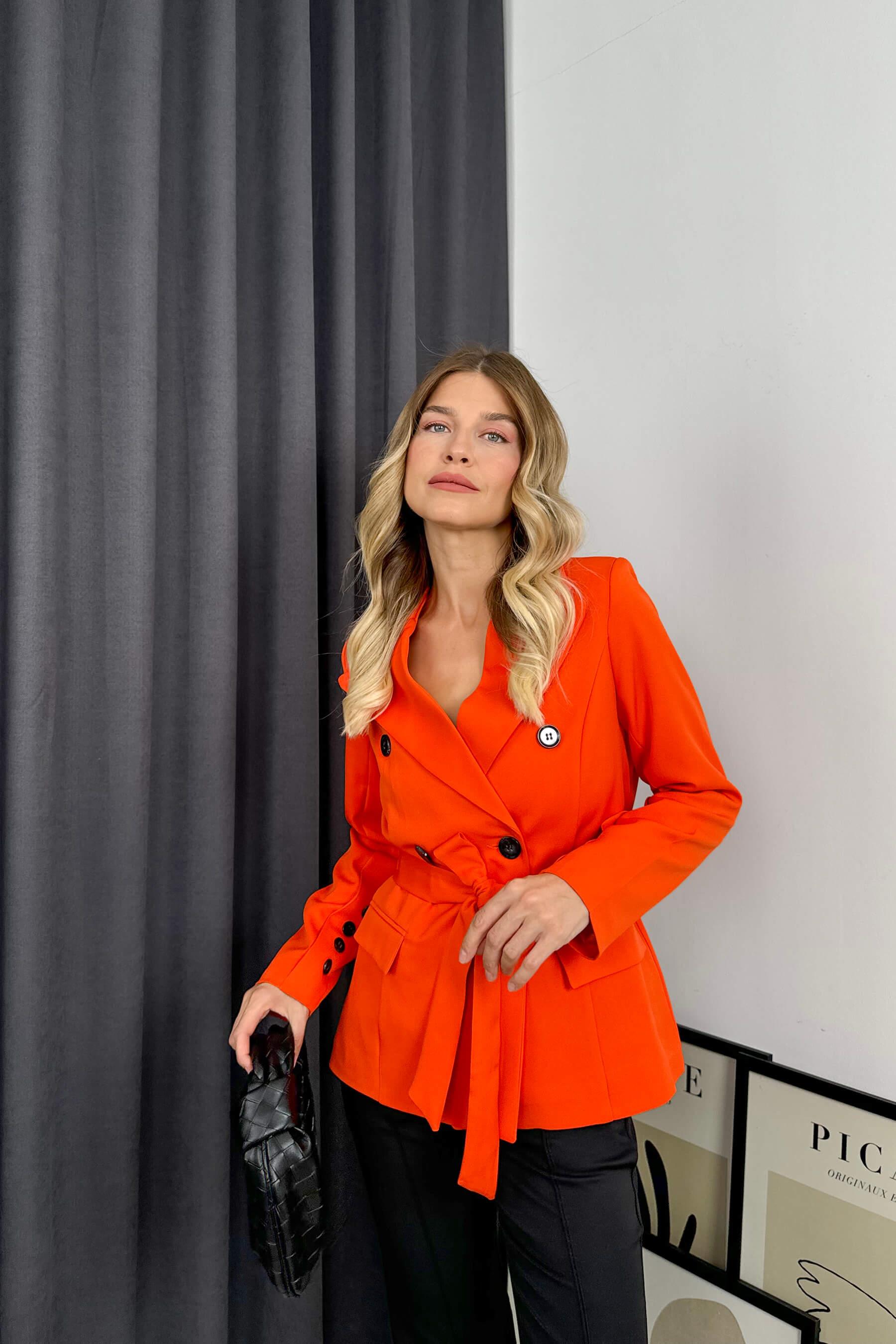 Oranj Kruvaze Yaka Düğmeli Kuşaklı Astarlı Blazer Ceket