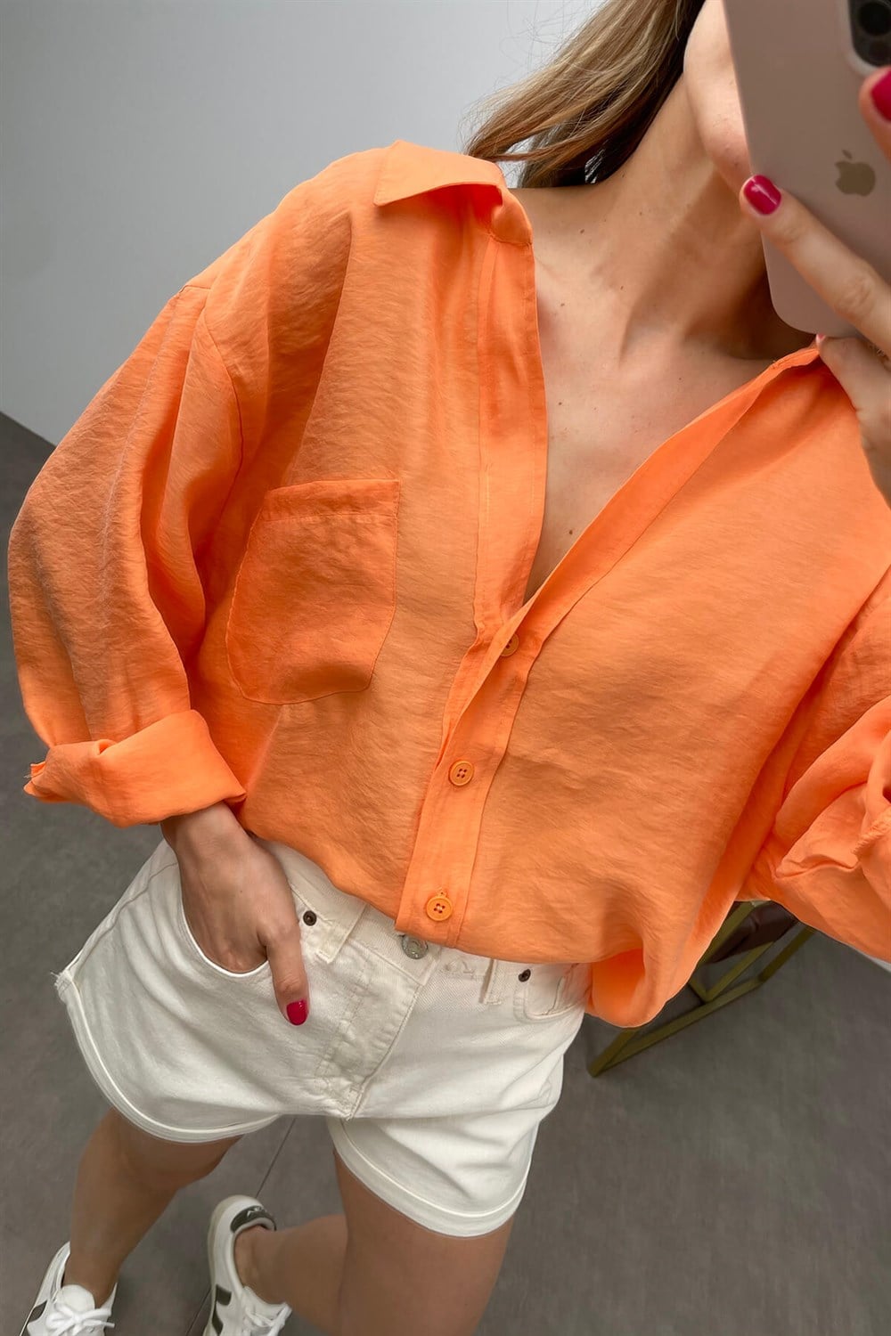 Oranj Omzu Düşük Oversize Viskon Gömlek