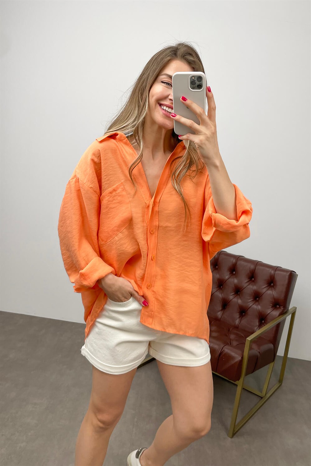 Oranj Omzu Düşük Oversize Viskon Gömlek