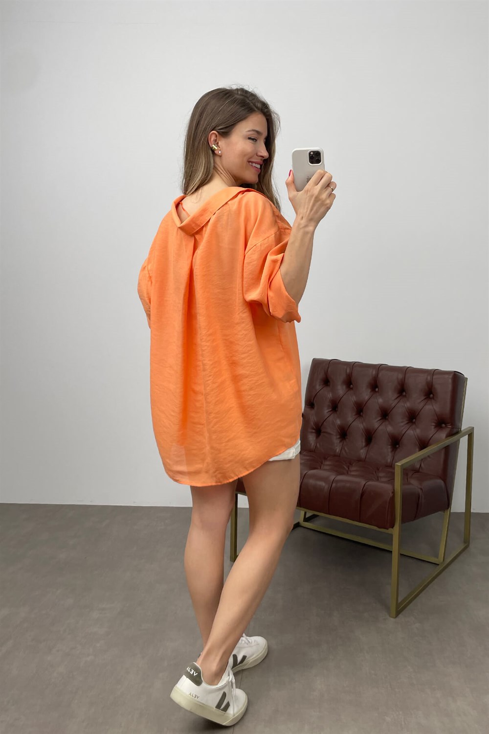 Oranj Omzu Düşük Oversize Viskon Gömlek