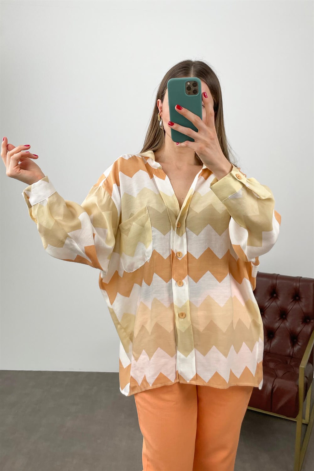Oranj Zigzag Desen Gömlek