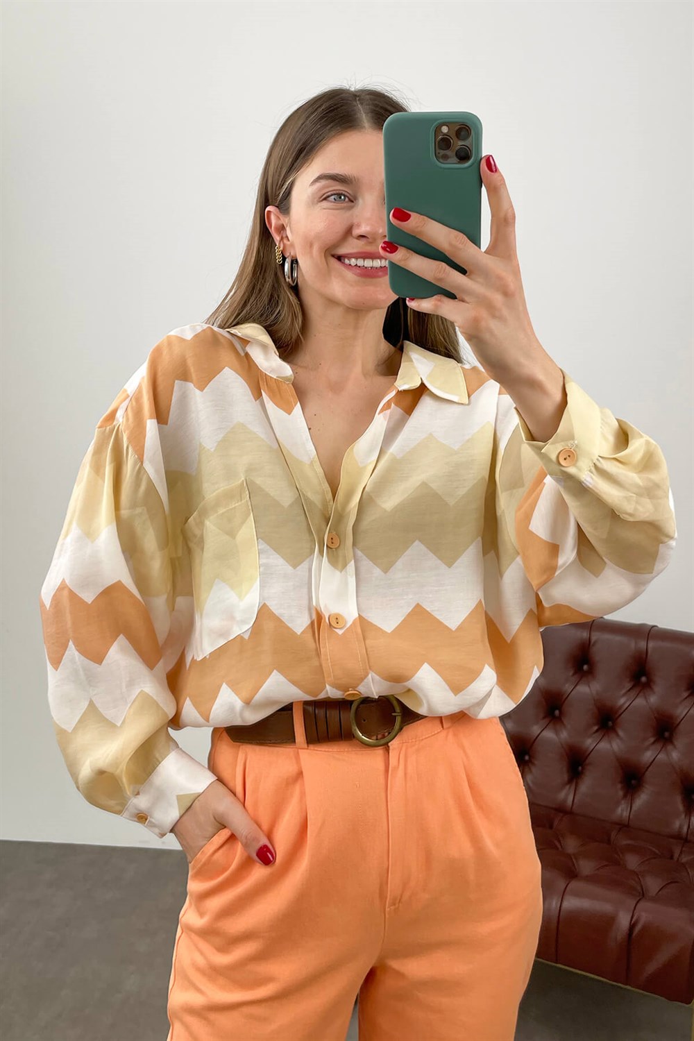 Oranj Zigzag Desen Gömlek