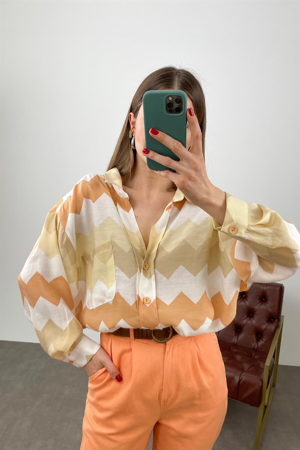 Oranj Zigzag Desen Gömlek