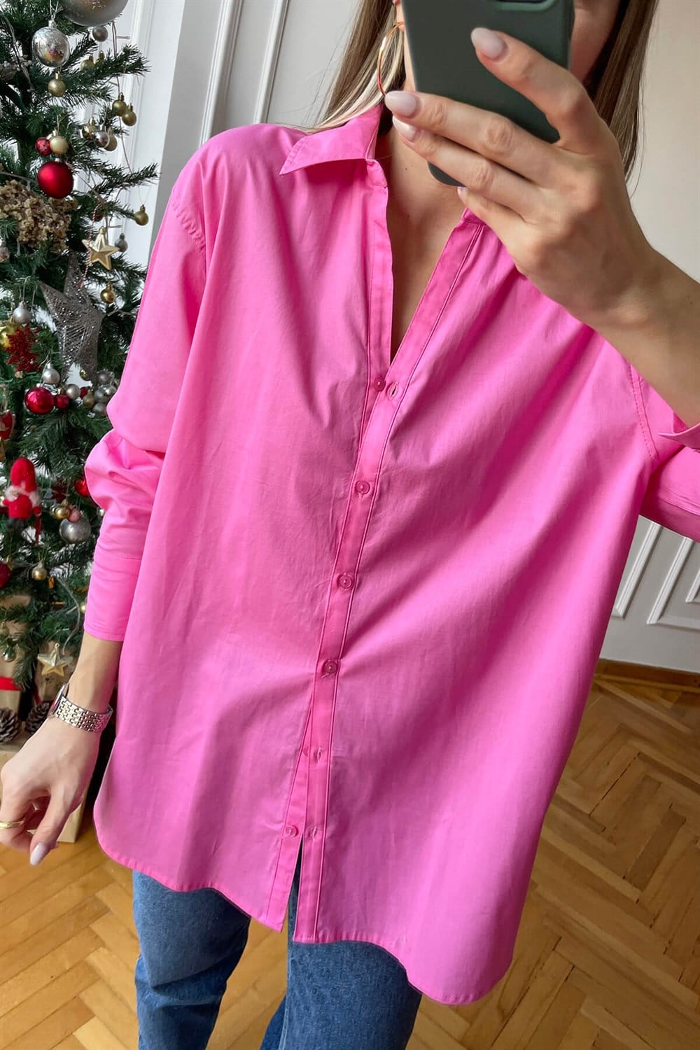 Pembe Arkası Uzun Oversize Gömlek