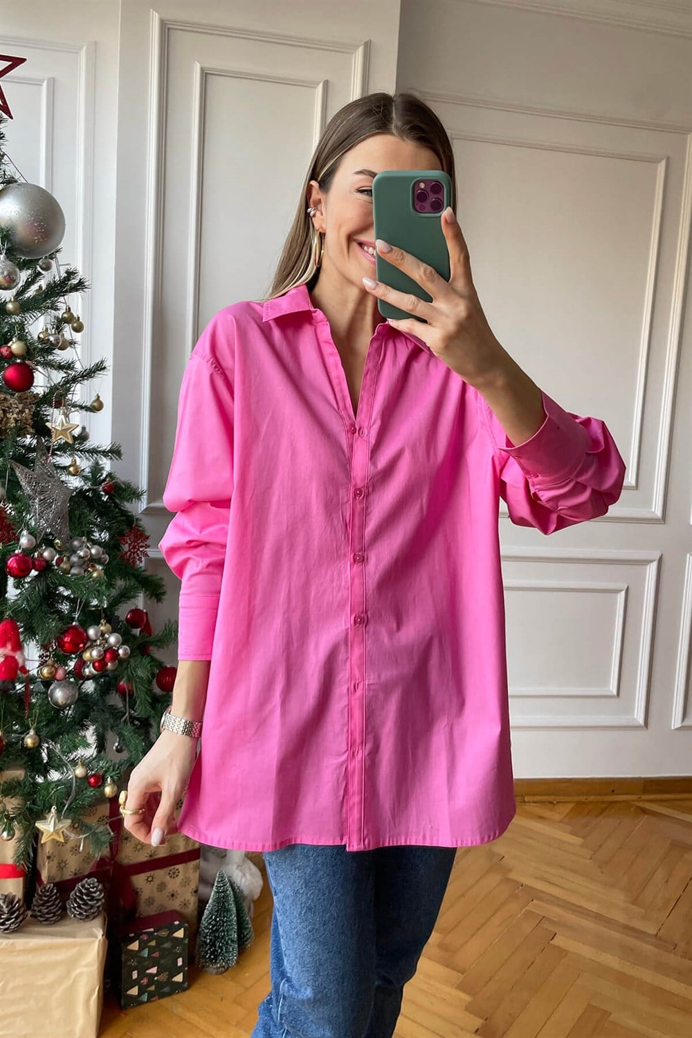 Pembe Arkası Uzun Oversize Gömlek