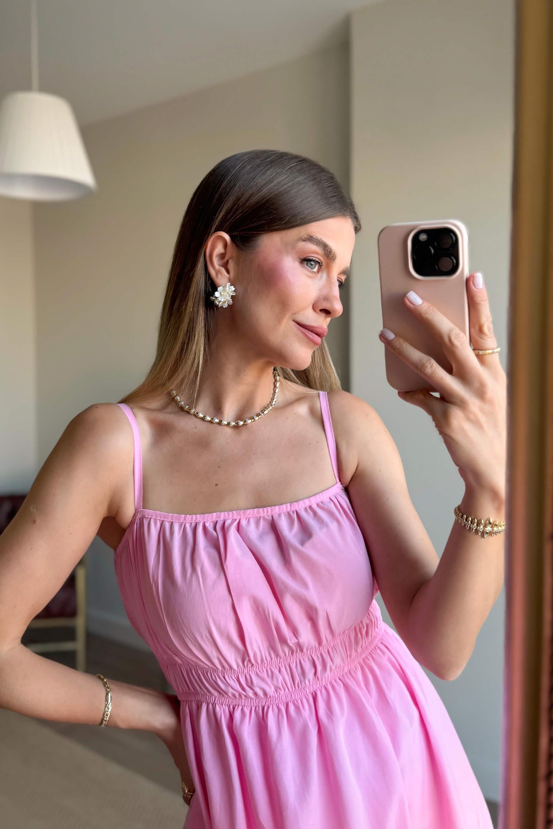 Pembe Askılı Önü Gipeli Elbise