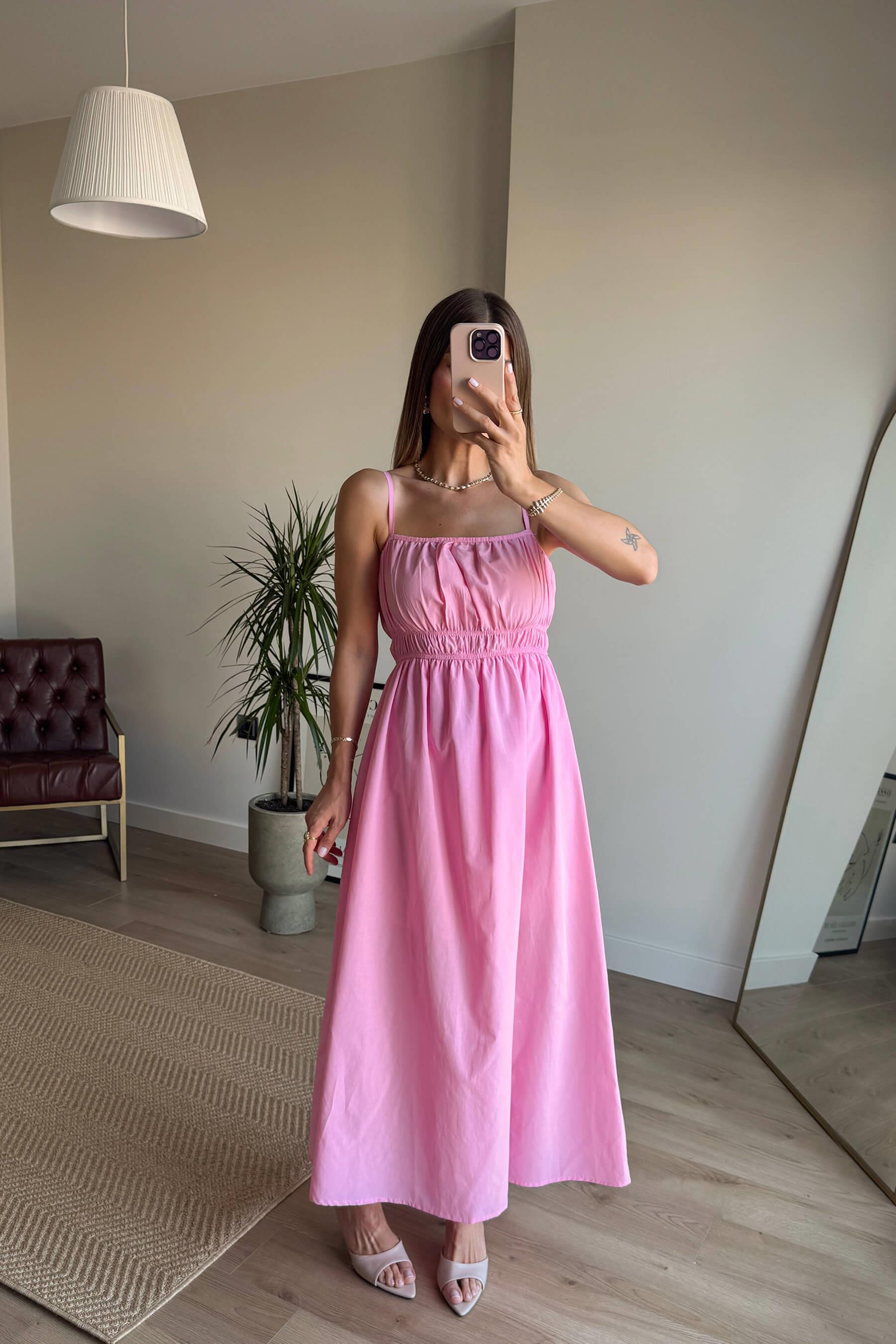 Pembe Askılı Önü Gipeli Elbise