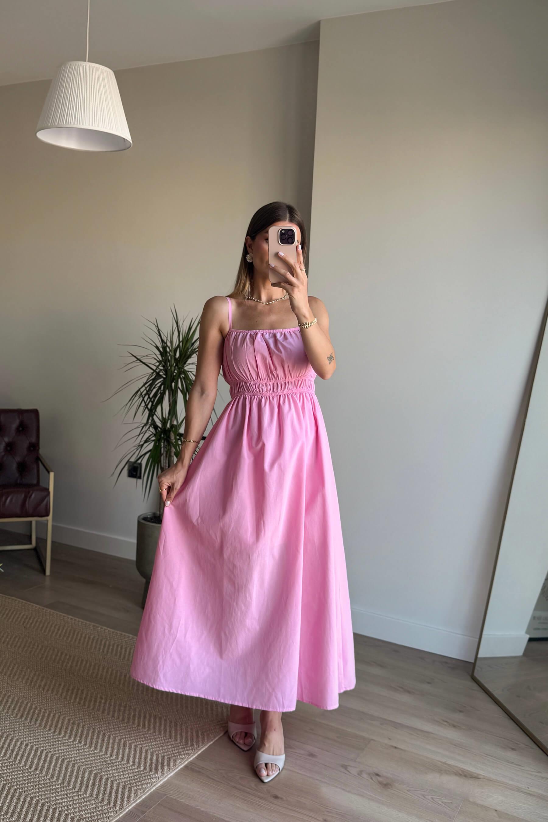 Pembe Askılı Önü Gipeli Elbise