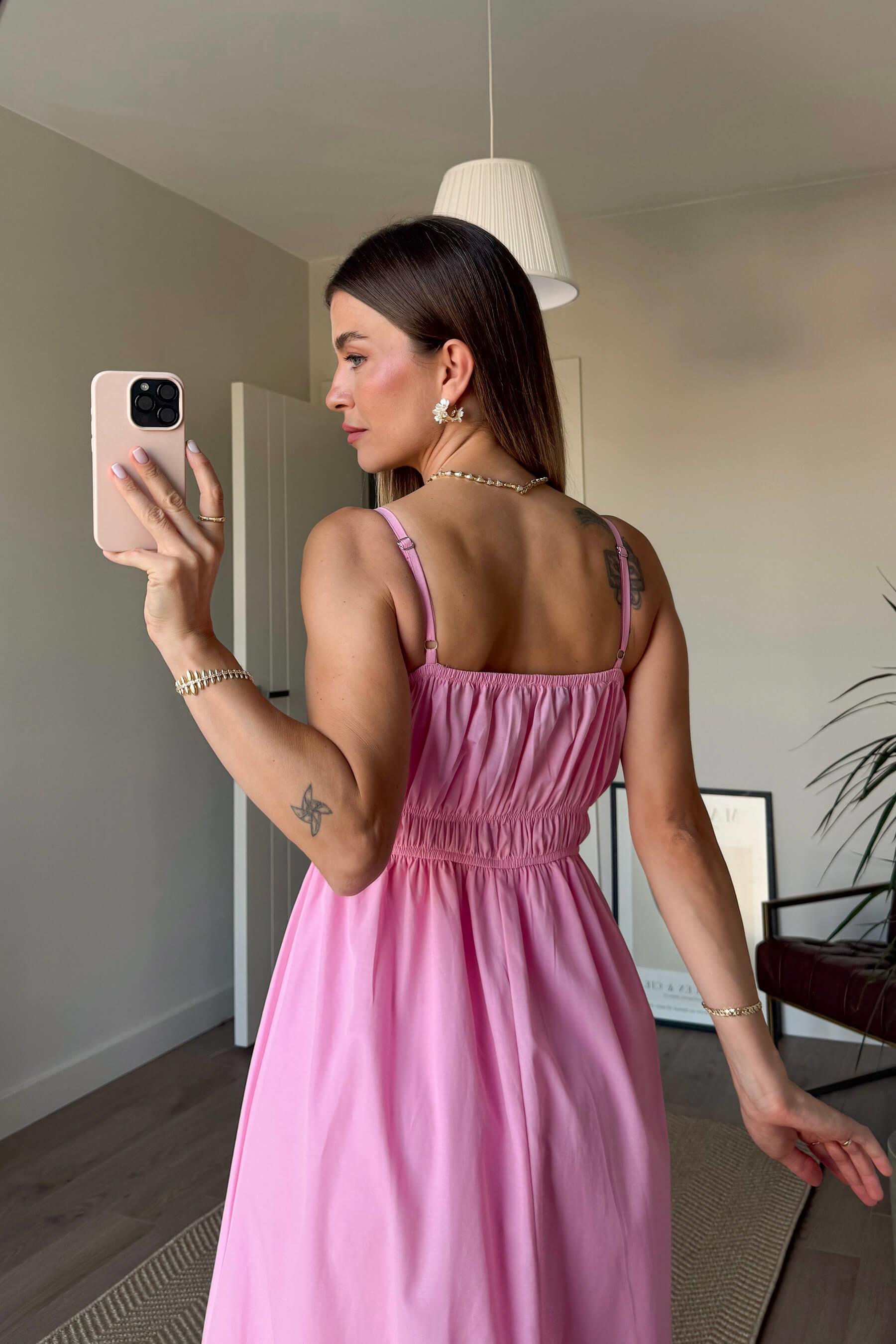 Pembe Askılı Önü Gipeli Elbise