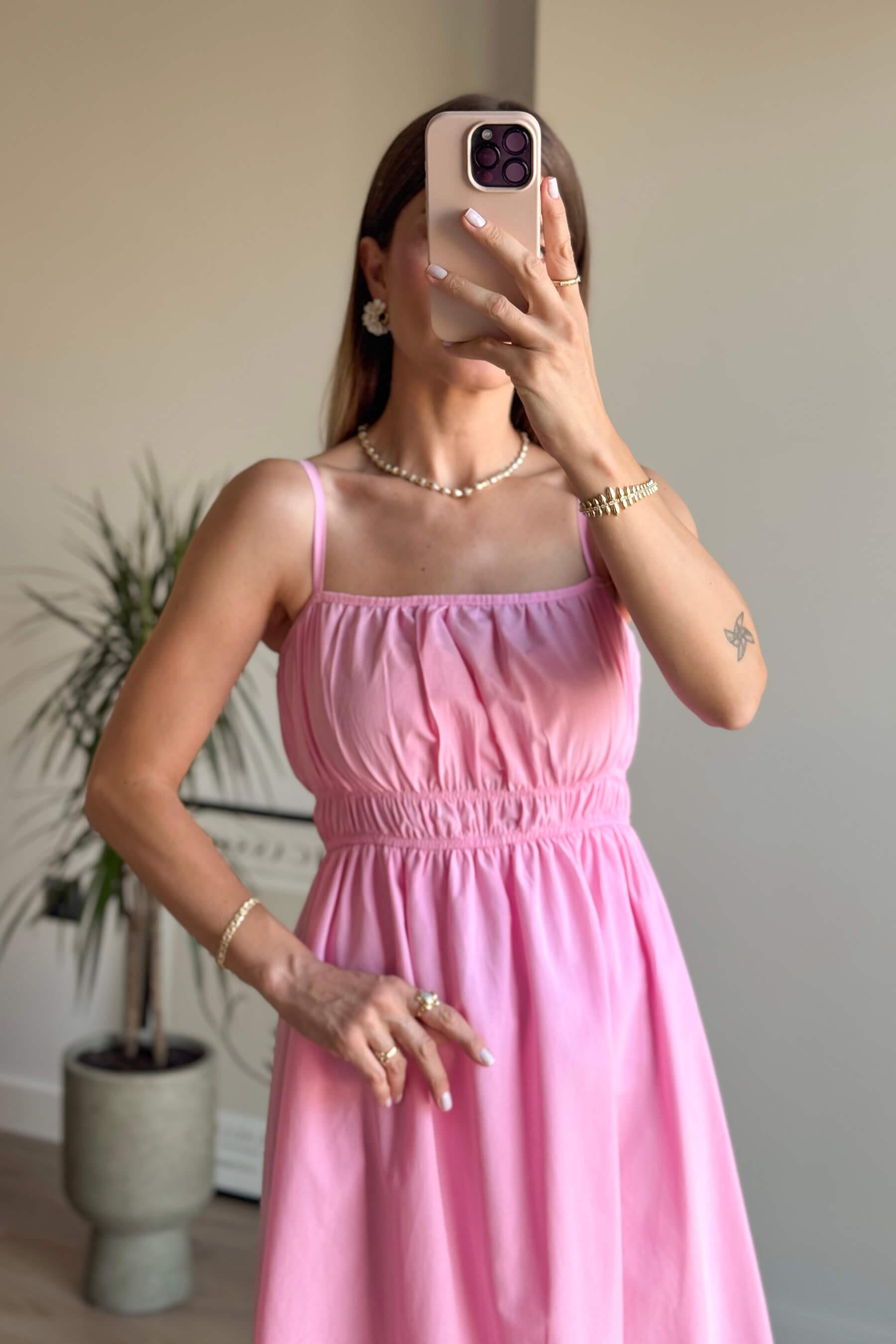 Pembe Askılı Önü Gipeli Elbise