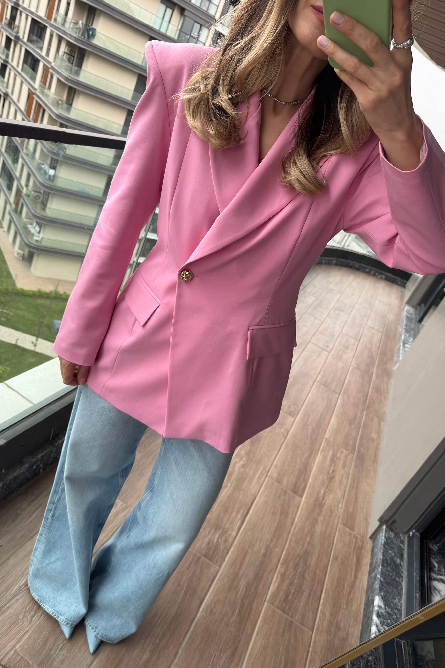 Pembe Belden Oturtmalı Premium Blazer Ceket