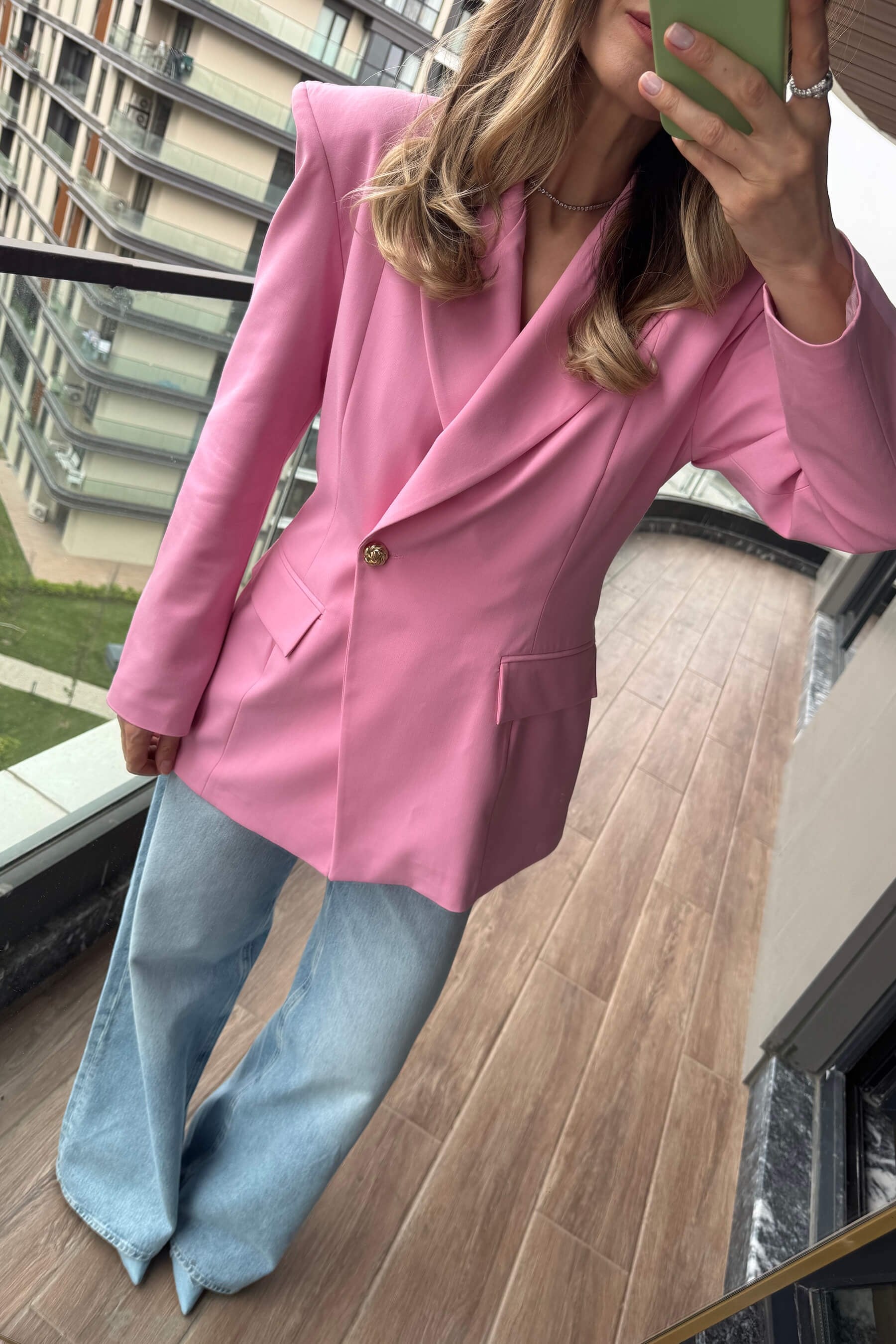 Pembe Belden Oturtmalı Premium Blazer Ceket