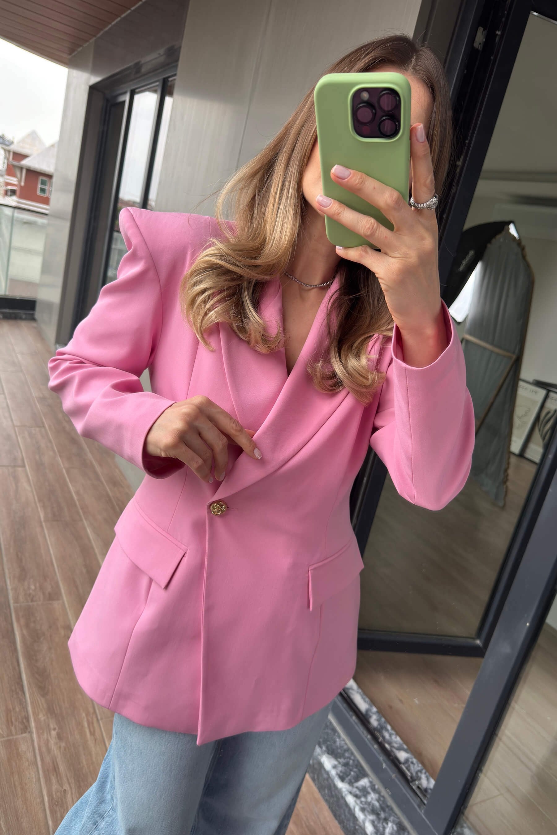 Pembe Belden Oturtmalı Premium Blazer Ceket