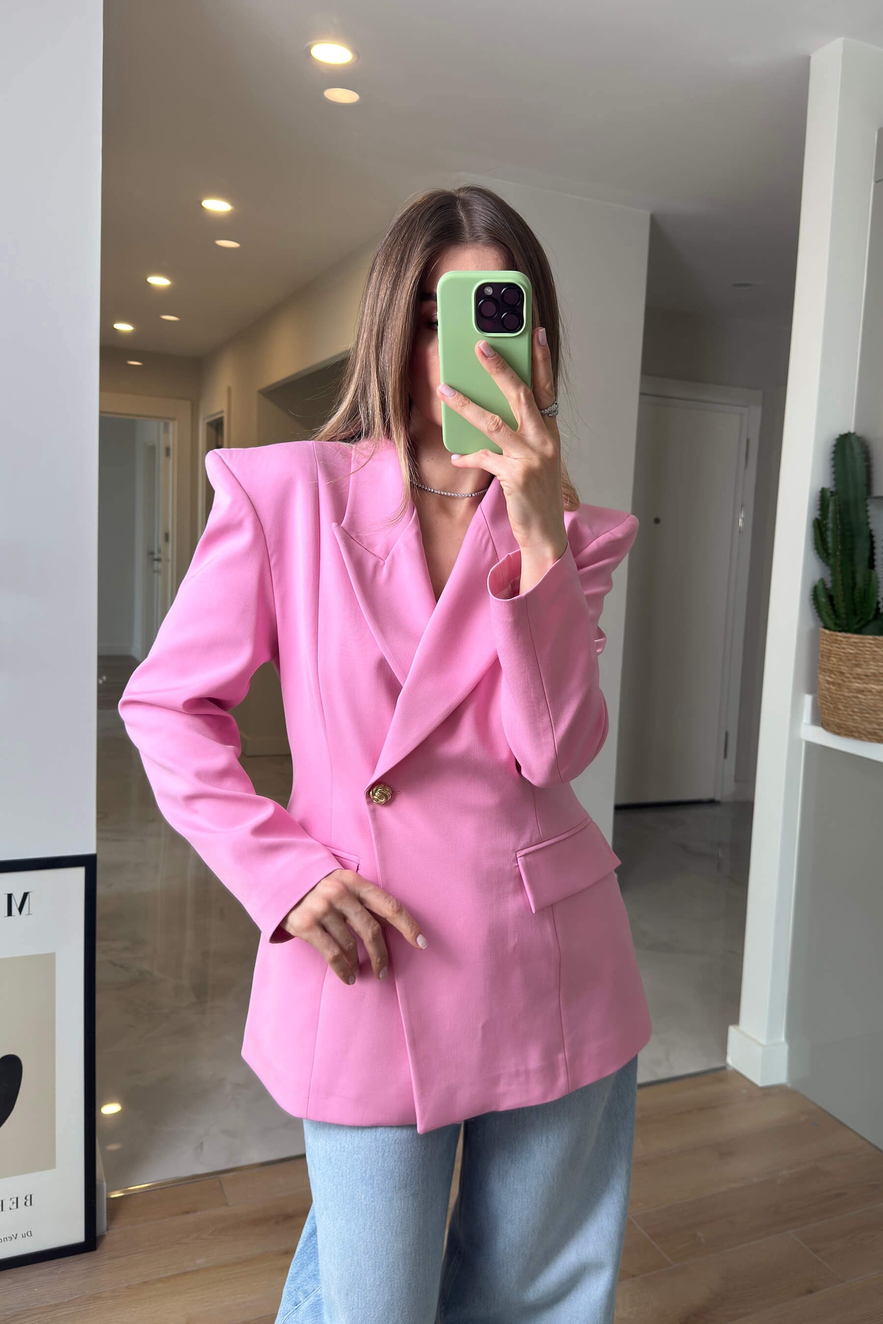 Pembe Belden Oturtmalı Premium Blazer Ceket