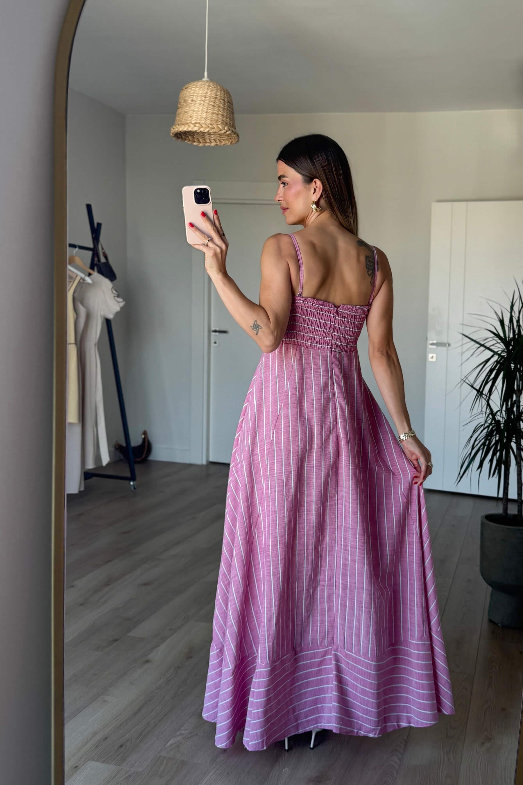 Pembe Beyaz Çizgili Kare Yaka Askılı Keten Elbise