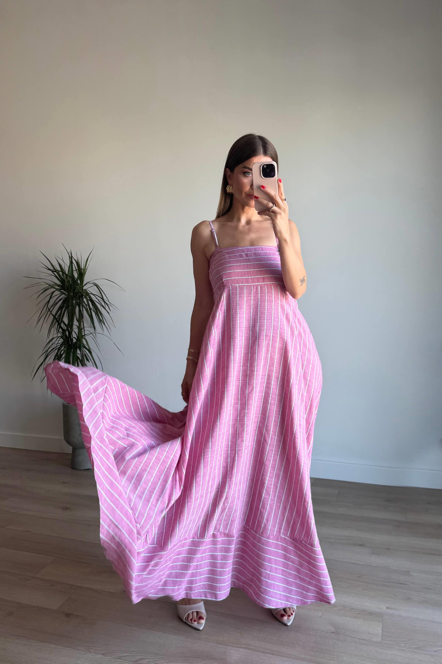 Pembe Beyaz Çizgili Kare Yaka Askılı Keten Elbise