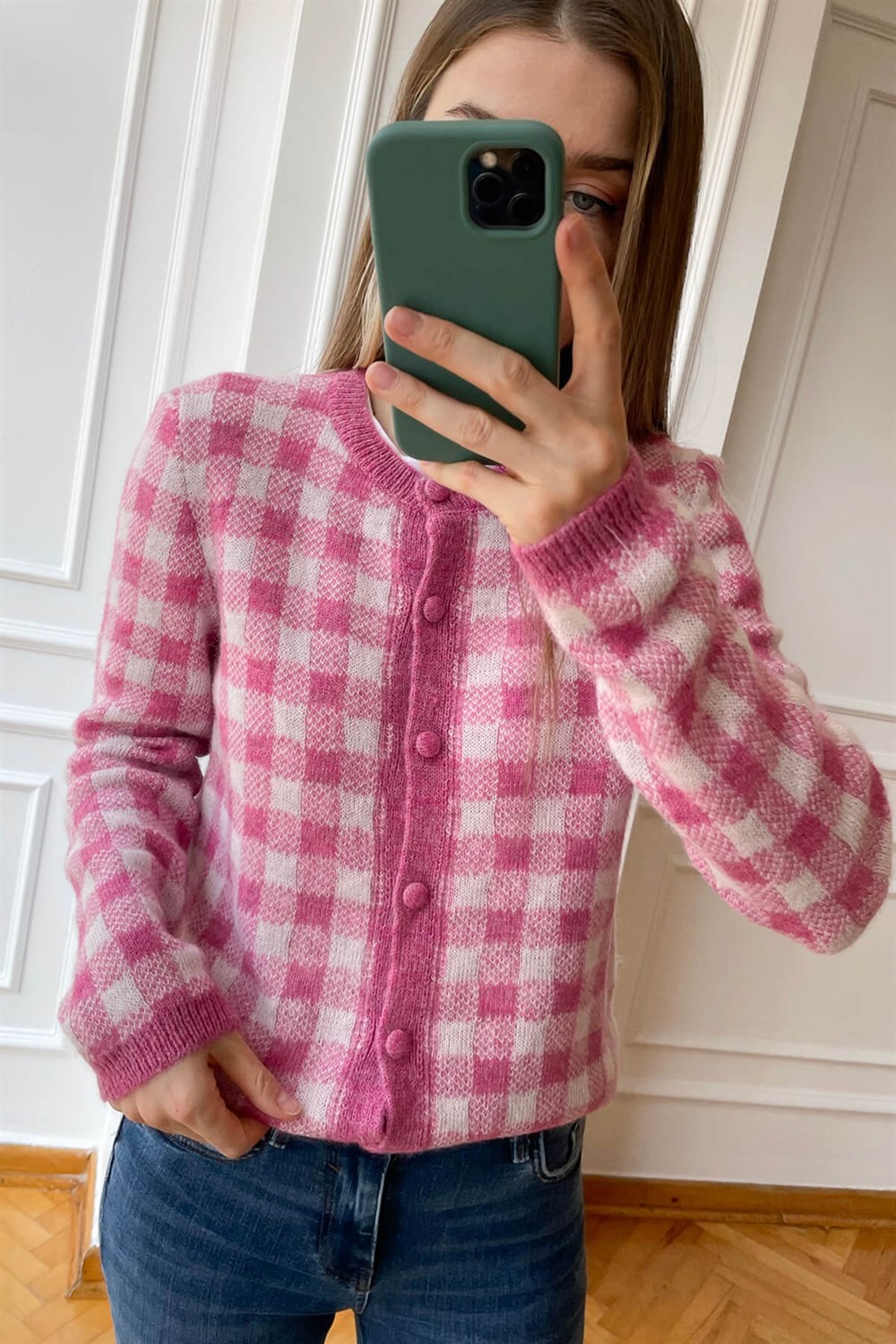 Pembe Beyaz Ekoseli Hırka