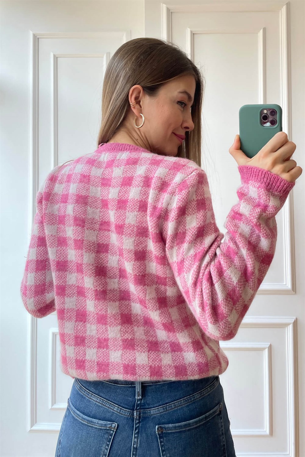 Pembe Beyaz Ekoseli Hırka