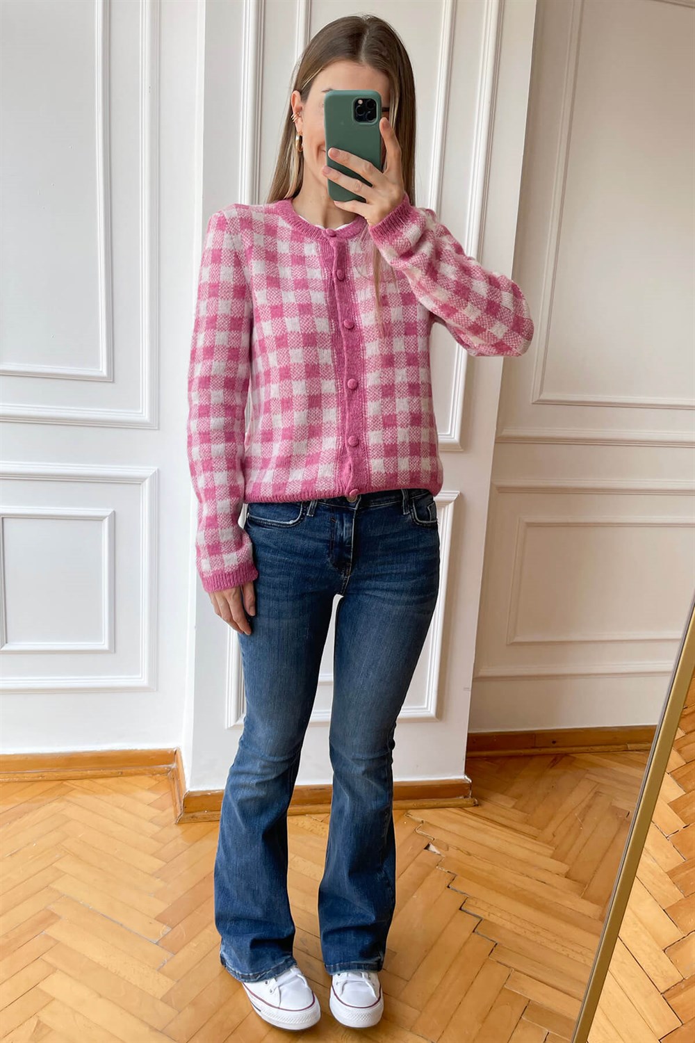 Pembe Beyaz Ekoseli Hırka