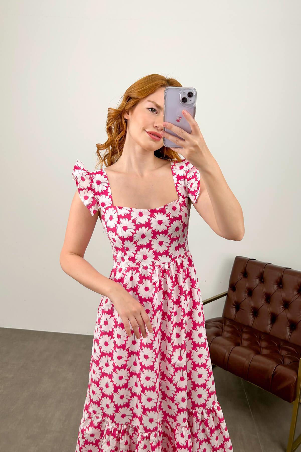Pembe Beyaz Papatyalı Astarlı Kolsuz Poplin Elbise