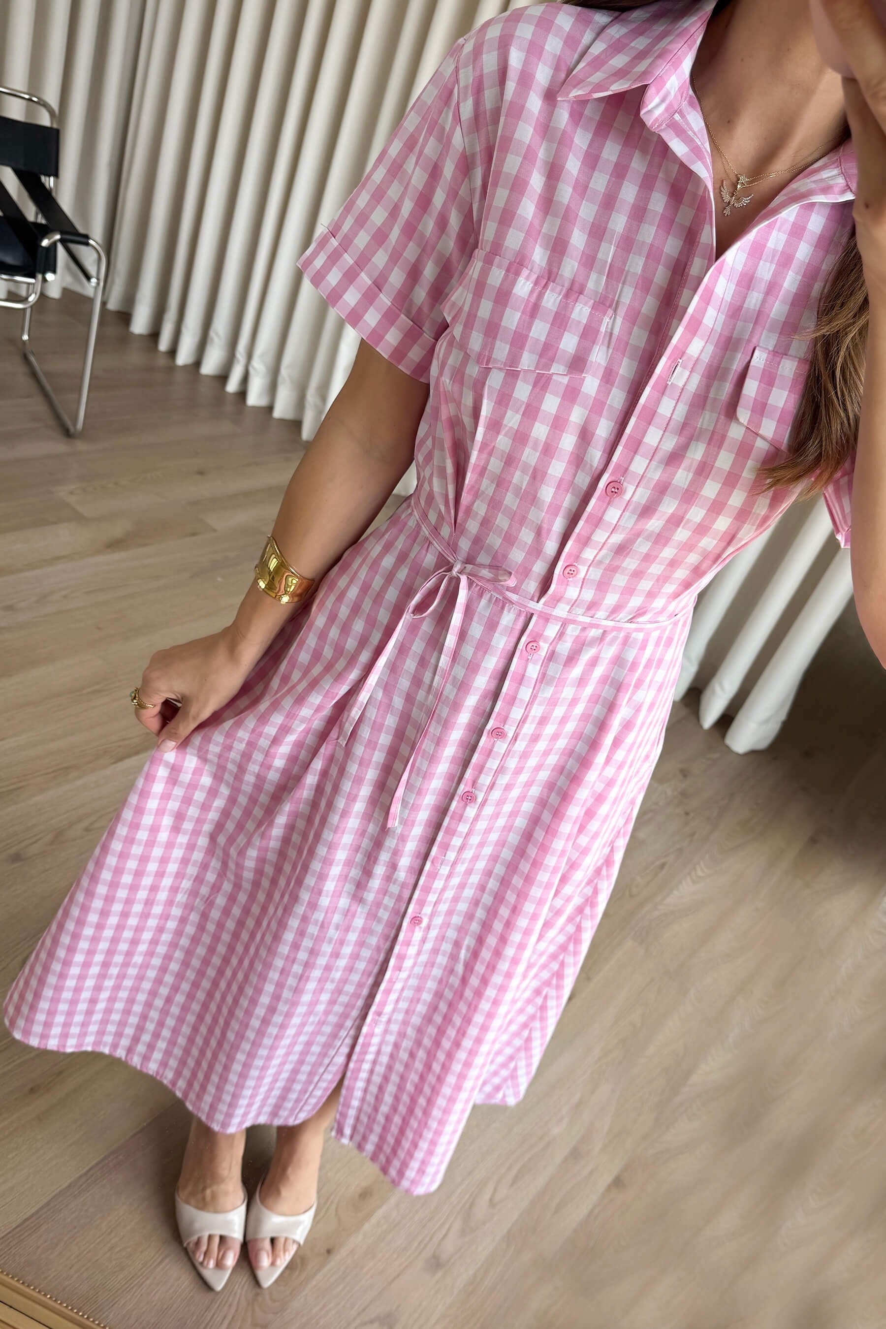 Pembe Beyaz Pötü Kare Bağcıklı Gömlek Elbise