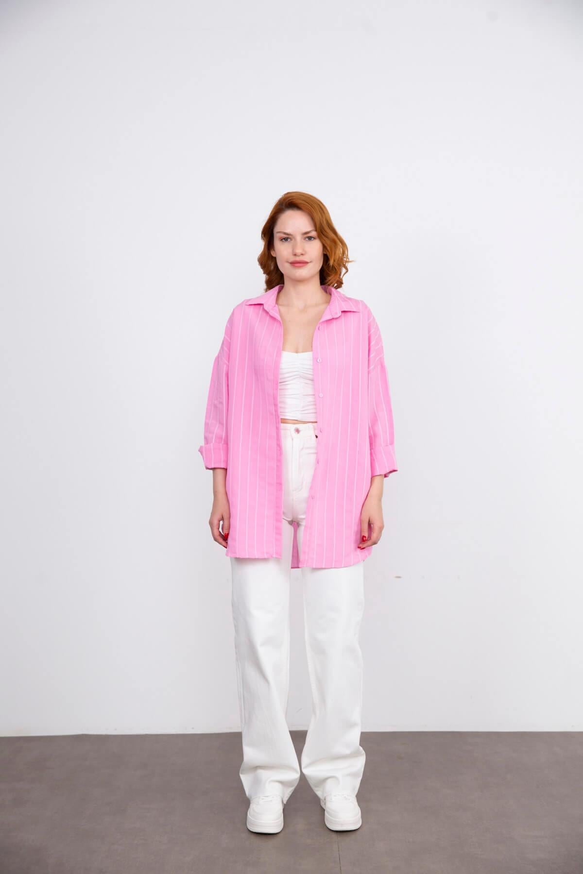 Pembe Çizgili Oversize Gömlek