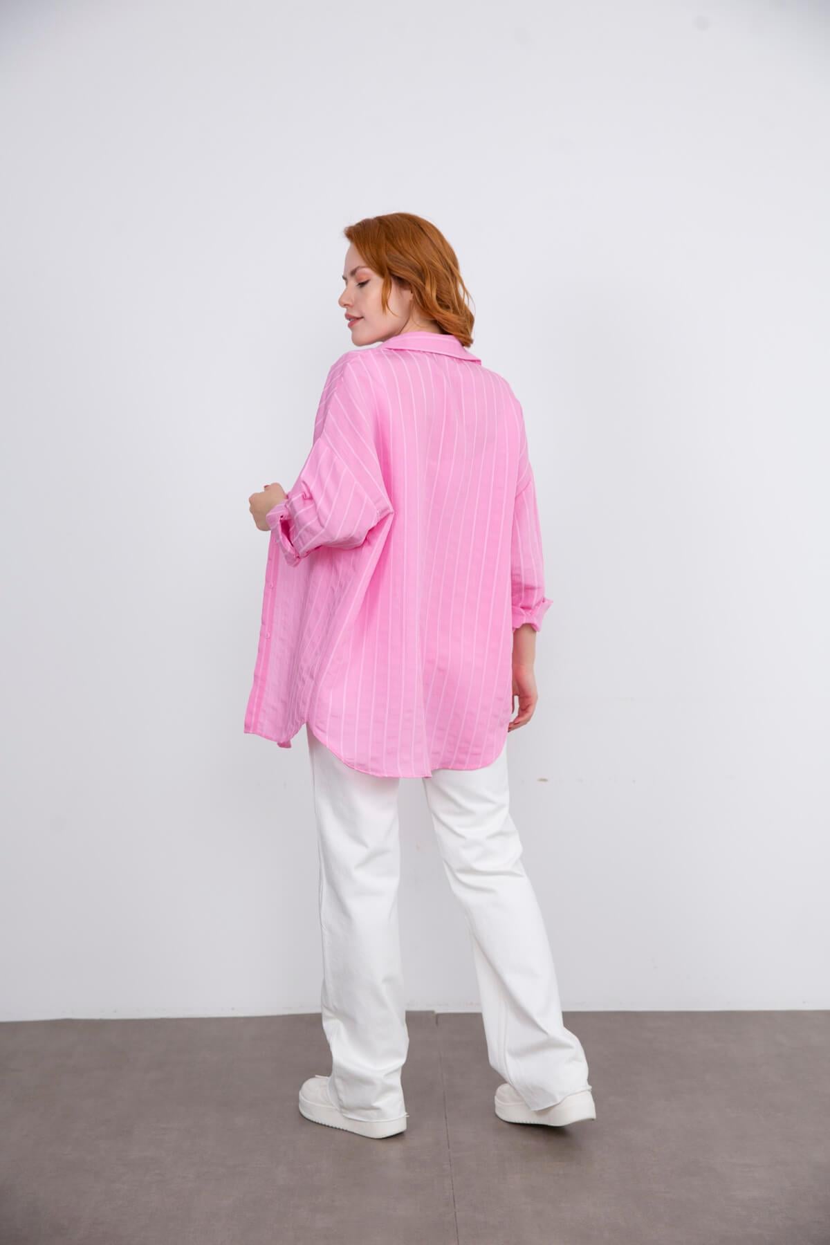 Pembe Çizgili Oversize Gömlek