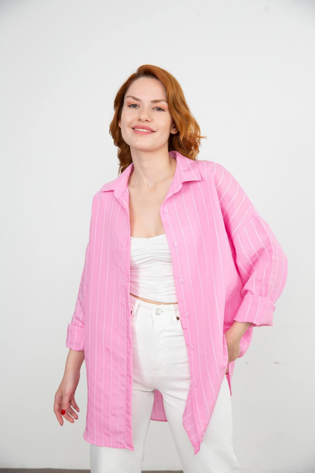 Pembe Çizgili Oversize Gömlek