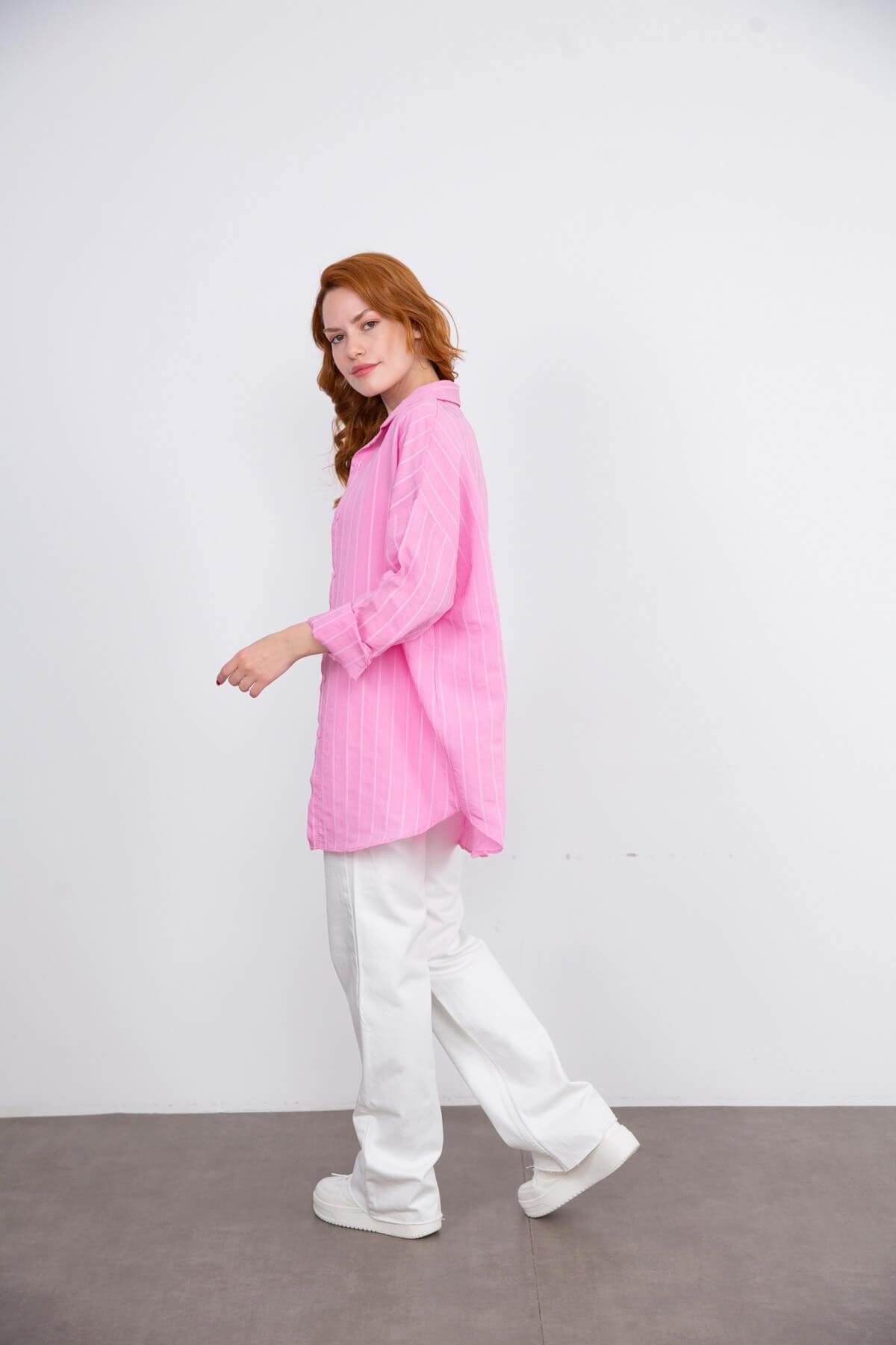 Pembe Çizgili Oversize Gömlek