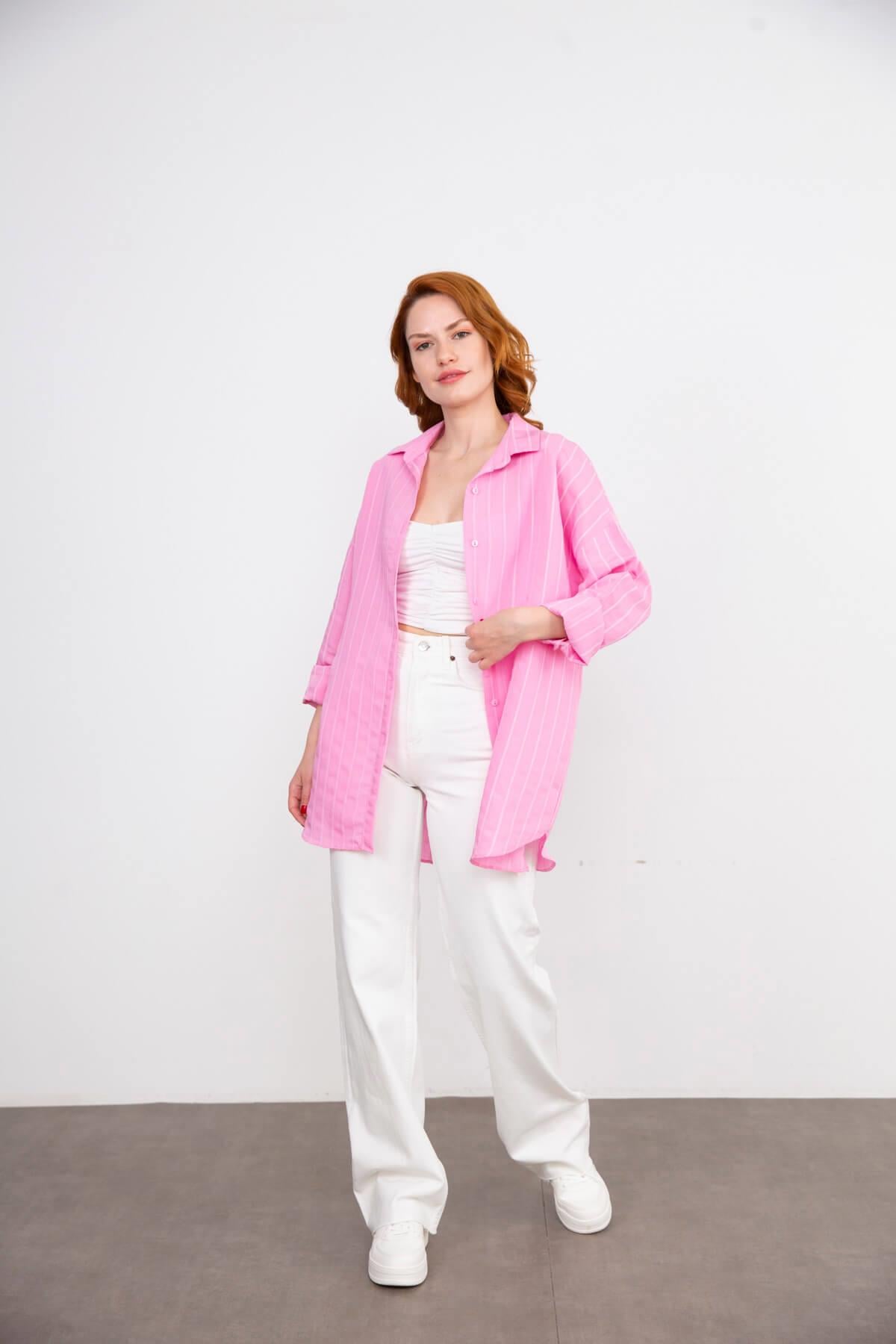 Pembe Çizgili Oversize Gömlek