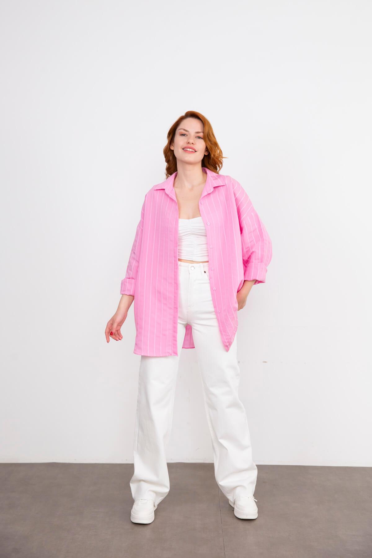 Pembe Çizgili Oversize Gömlek