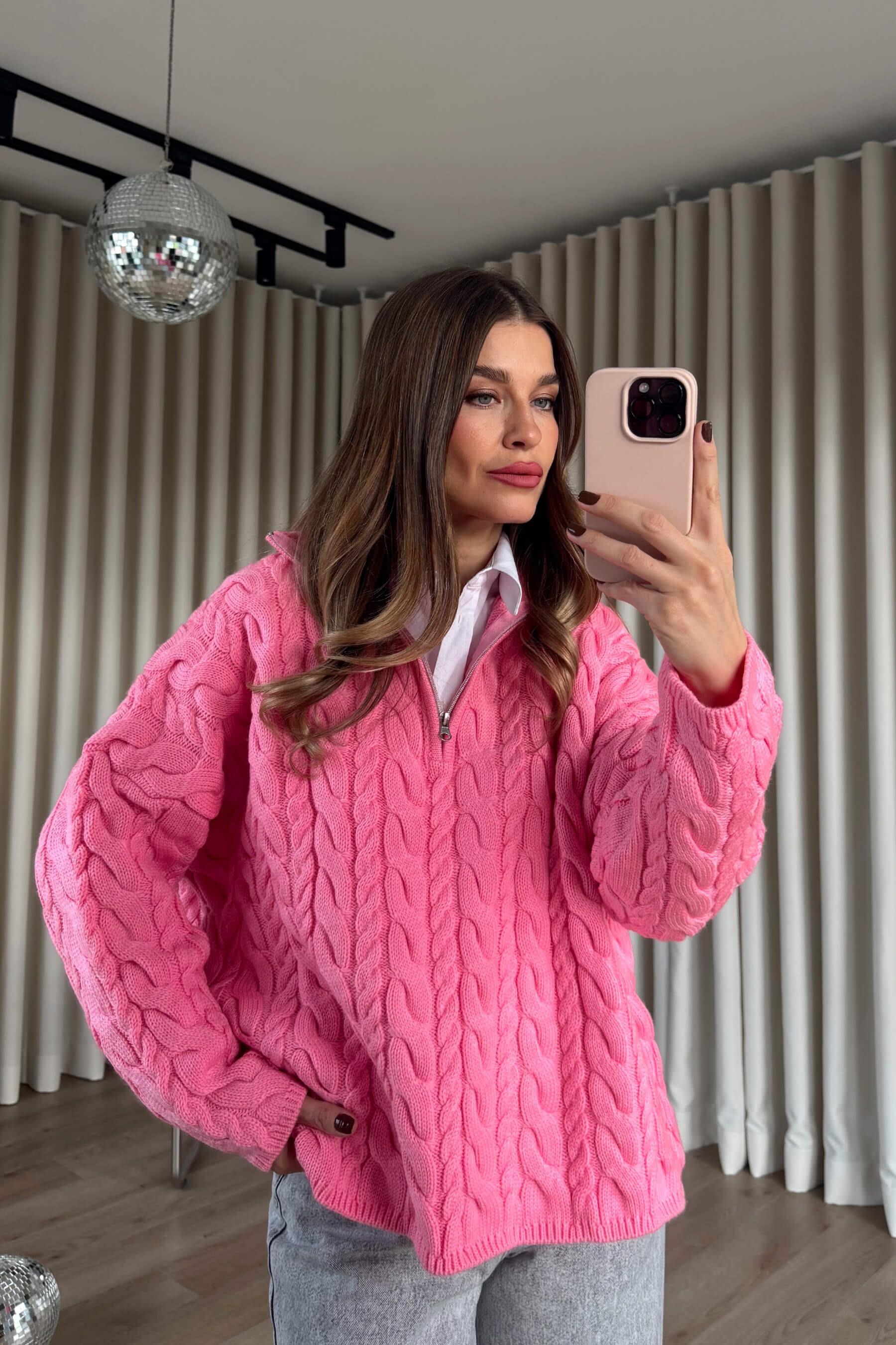 Pembe Fermuarlı Saç Örgü Kazak