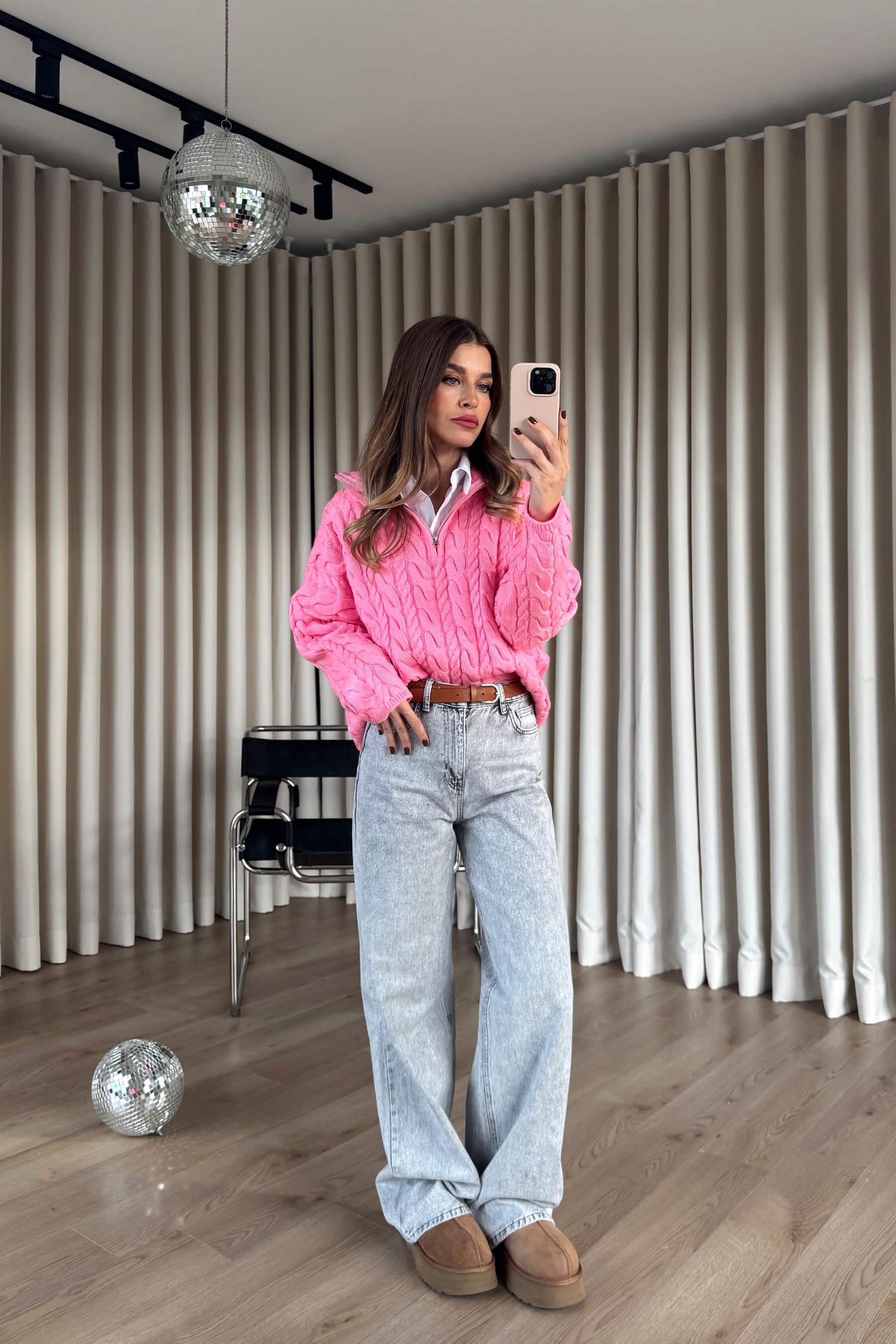 Pembe Fermuarlı Saç Örgü Kazak