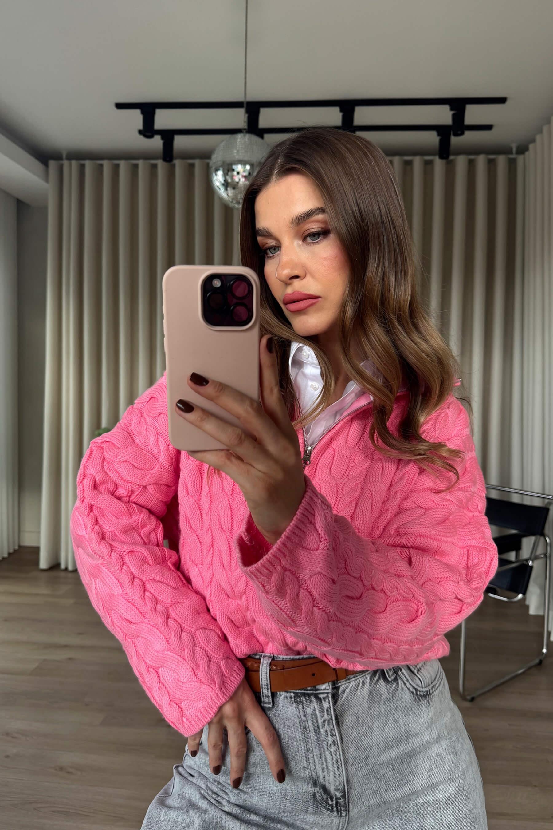 Pembe Fermuarlı Saç Örgü Kazak