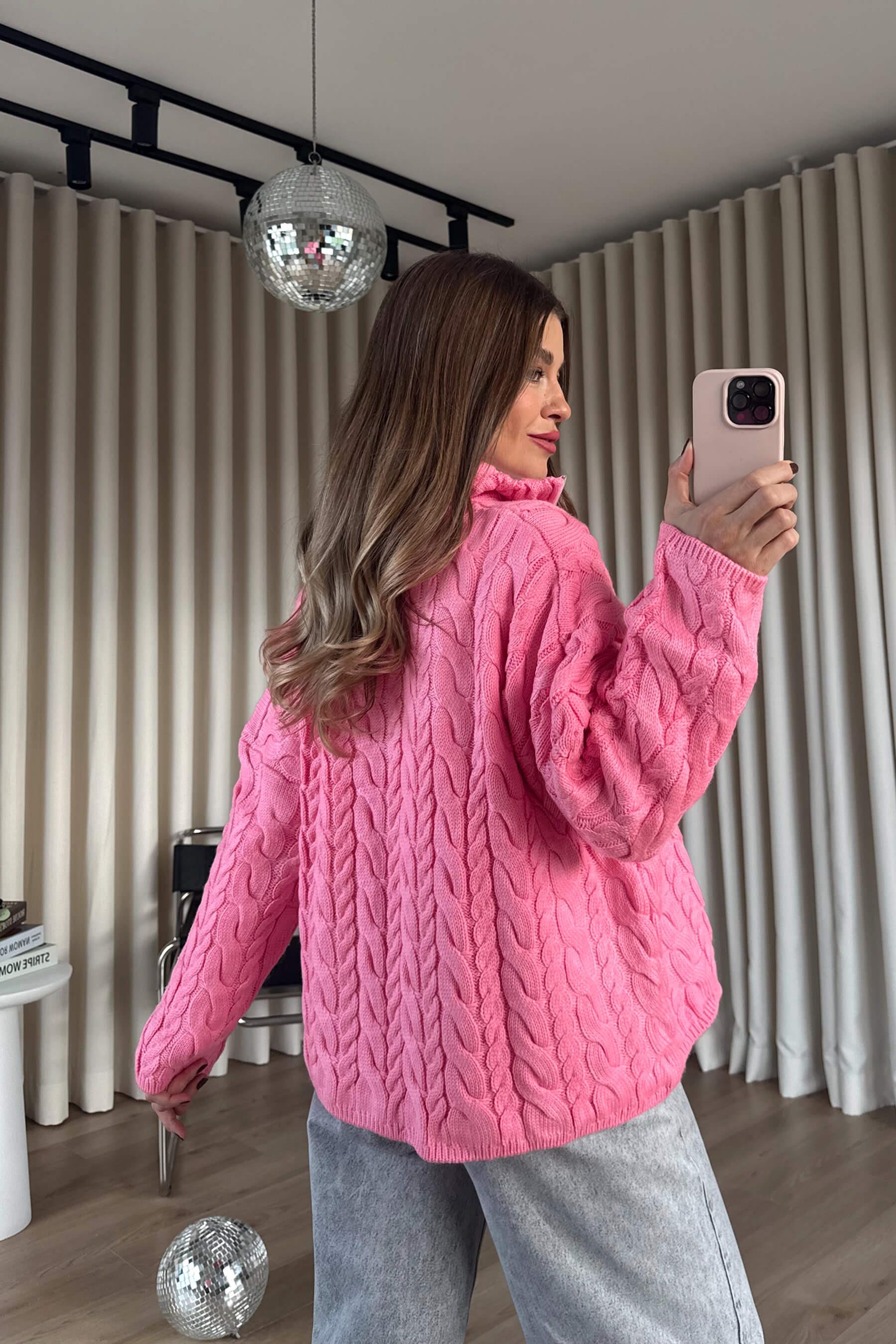 Pembe Fermuarlı Saç Örgü Kazak