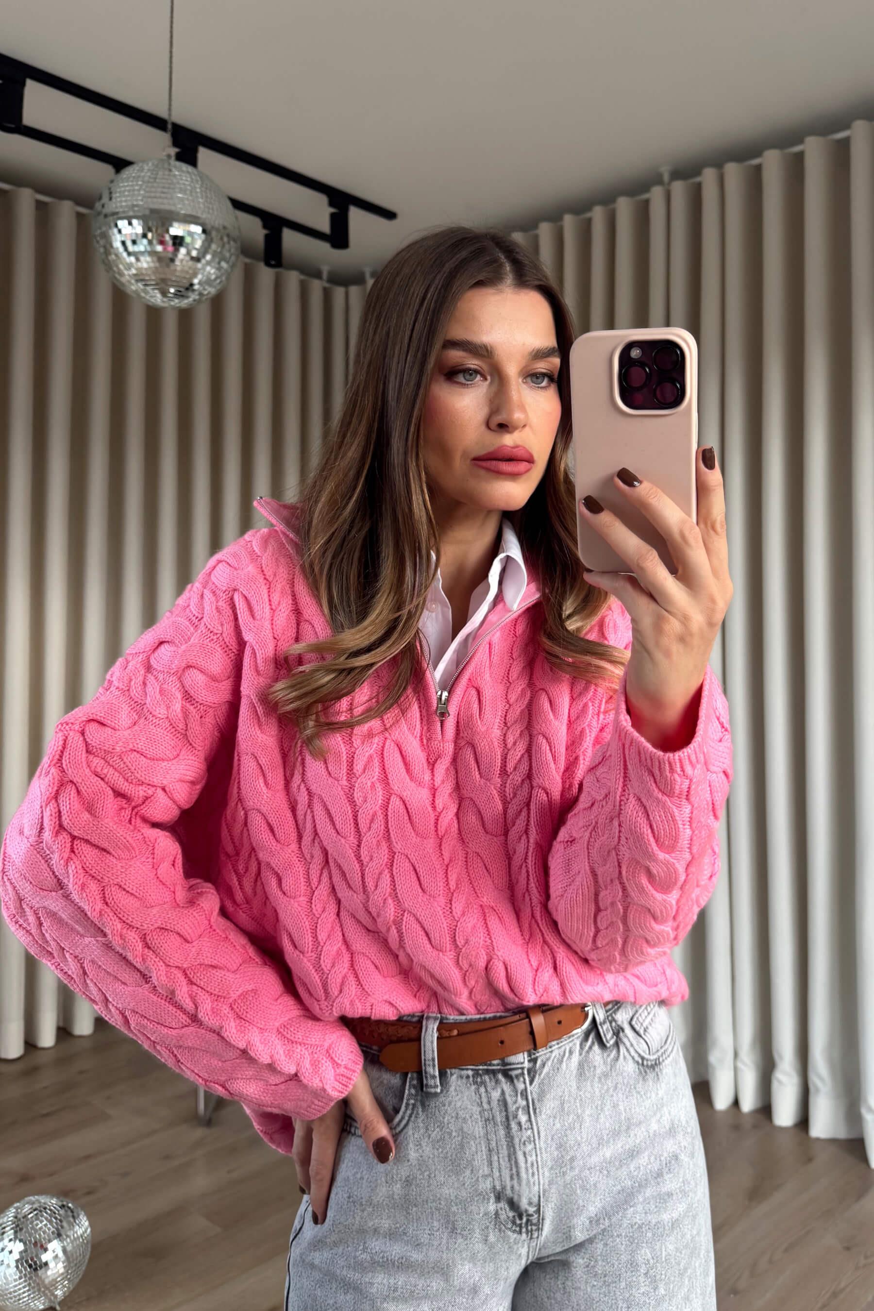 Pembe Fermuarlı Saç Örgü Kazak