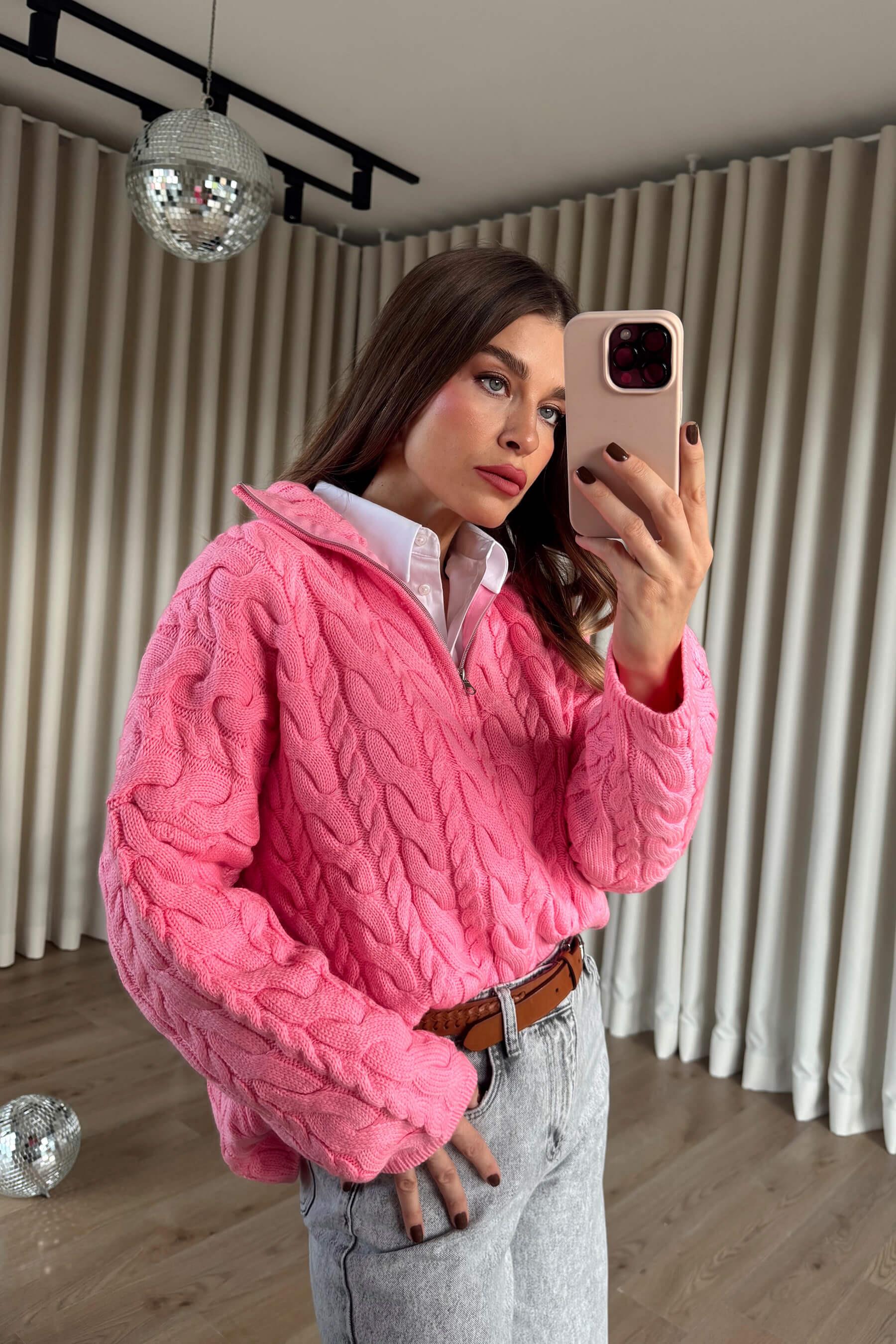 Pembe Fermuarlı Saç Örgü Kazak