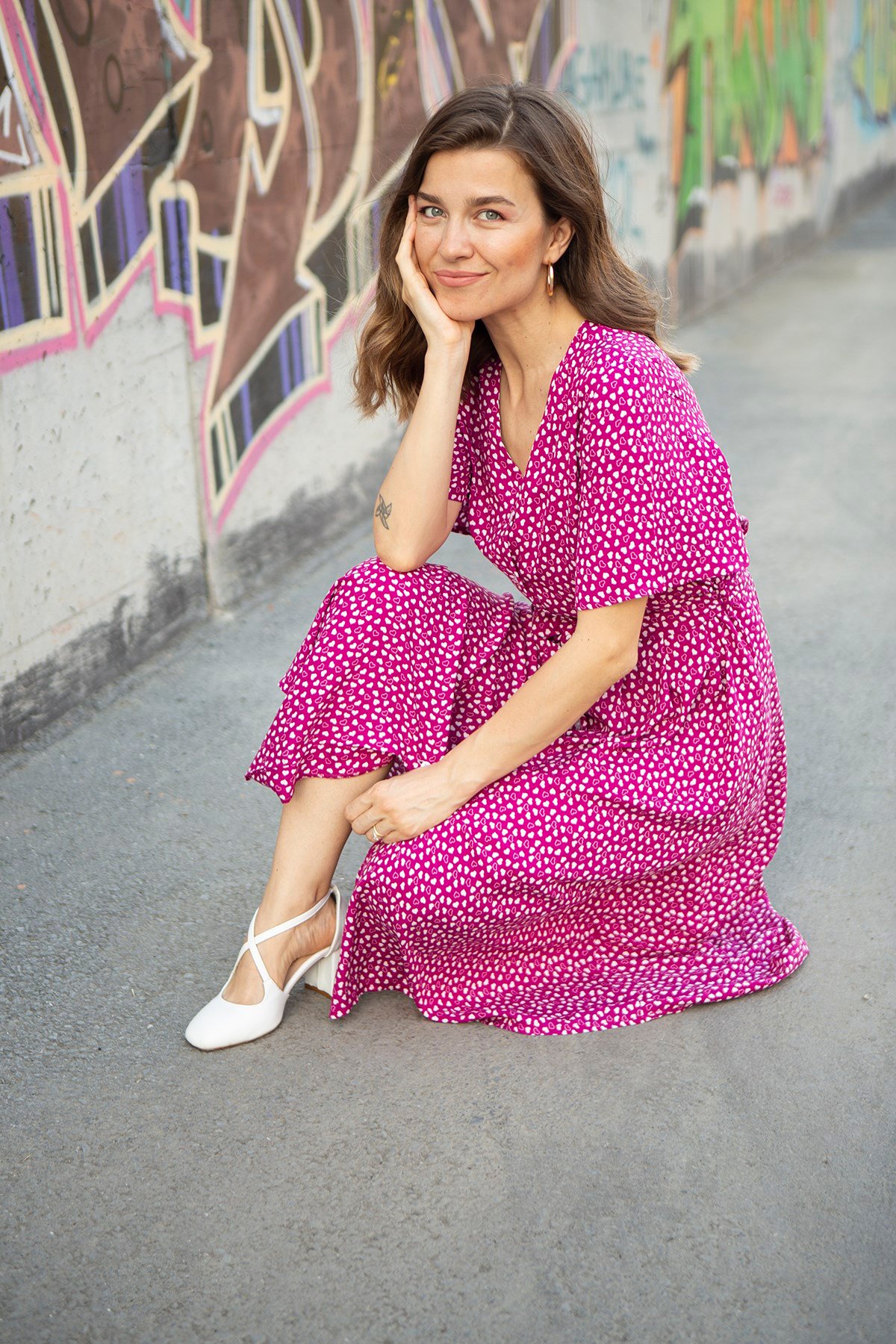 Pembe Kalp Desenli Elbise