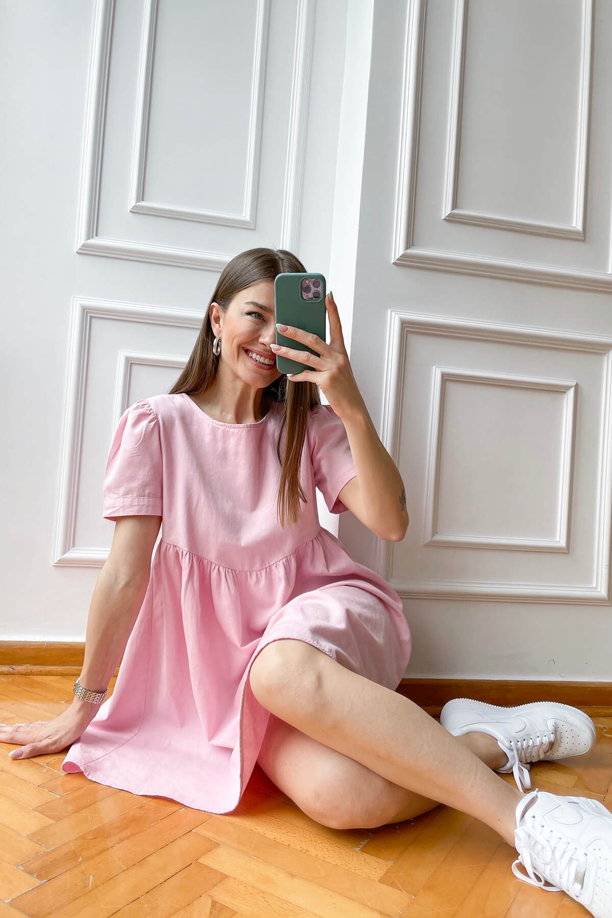 Pembe Keten Sırt Detay Elbise