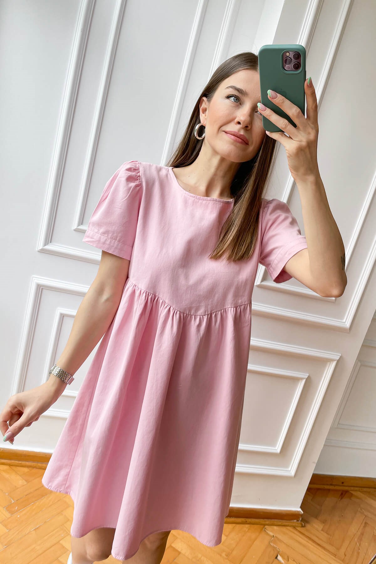 Pembe Keten Sırt Detay Elbise