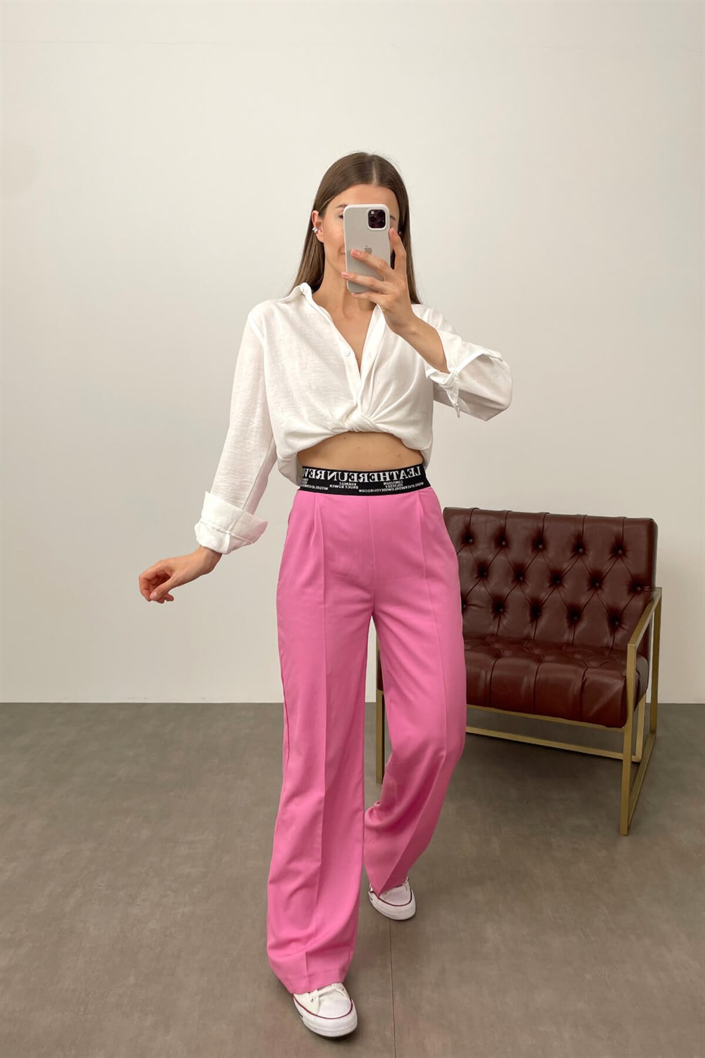 Pembe Lastikli Palazzo Pantolon