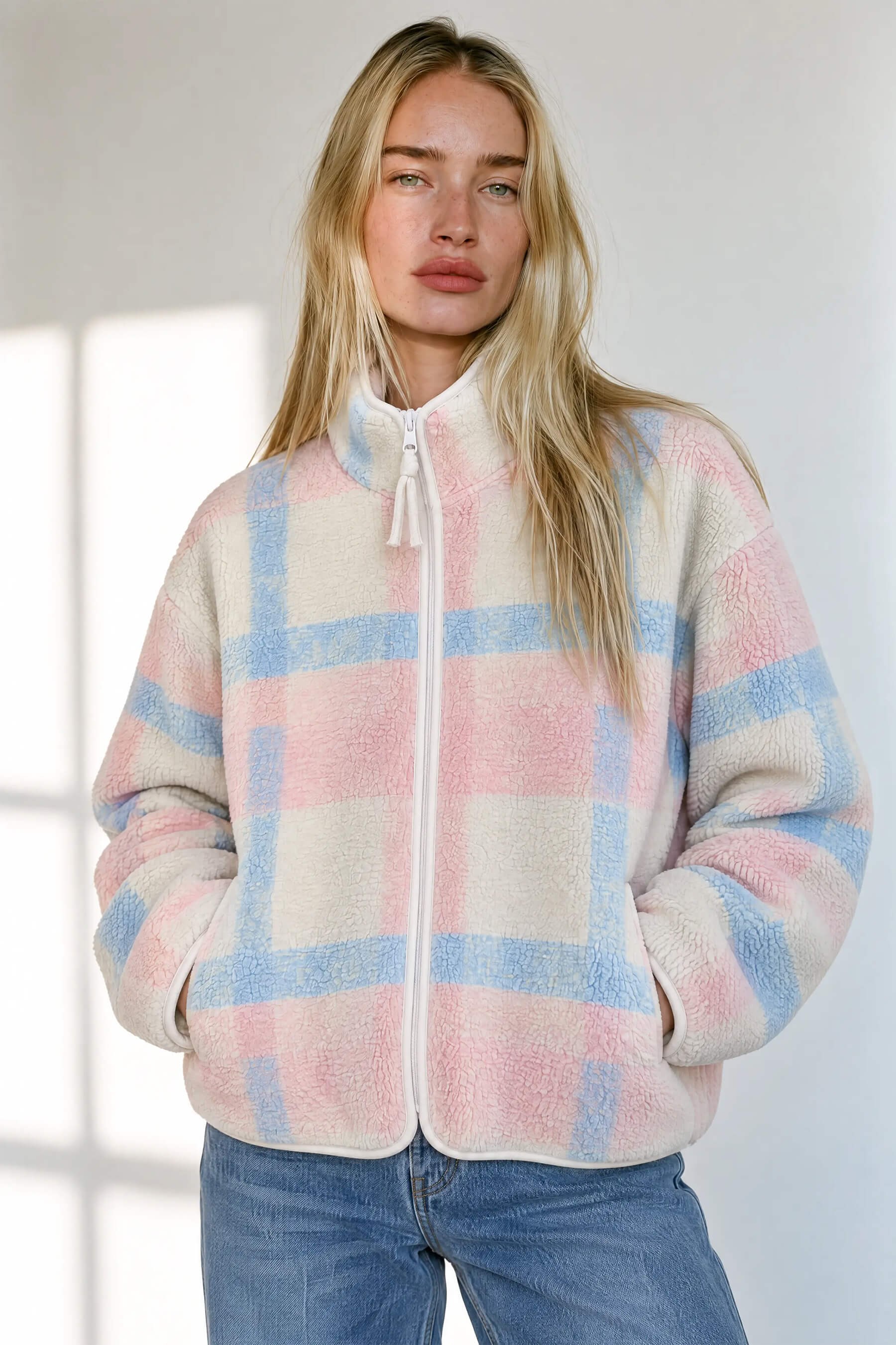 Pembe Mavi Fermuarlı Oversize Peluş Sweatshirt