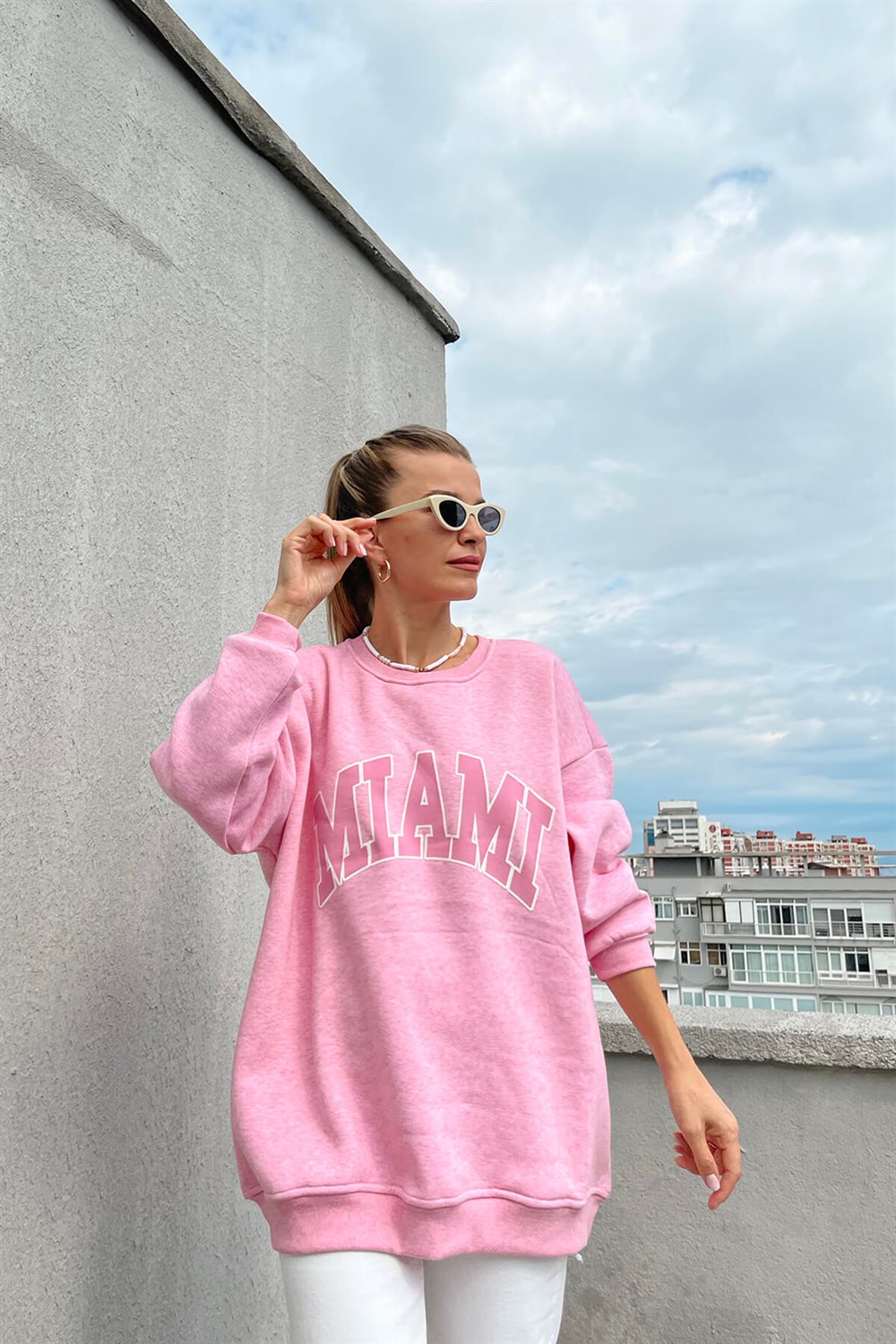 Pembe Miami Baskılı Sweatshirt